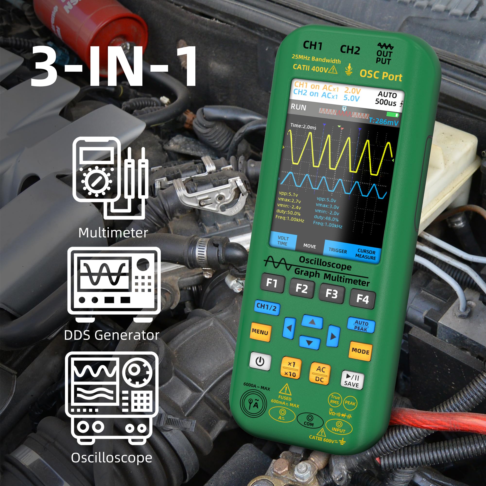 BSIDE O7 Oscilloscopio Digitale Portatile 2 Canali con Multimetro TRMS Generatore di Segnale 3,98" Display a Visione Completa 50MHz 208MSa/s Tester Oscilloscopio Ricaricabile Misura 6000A Corrente AC
