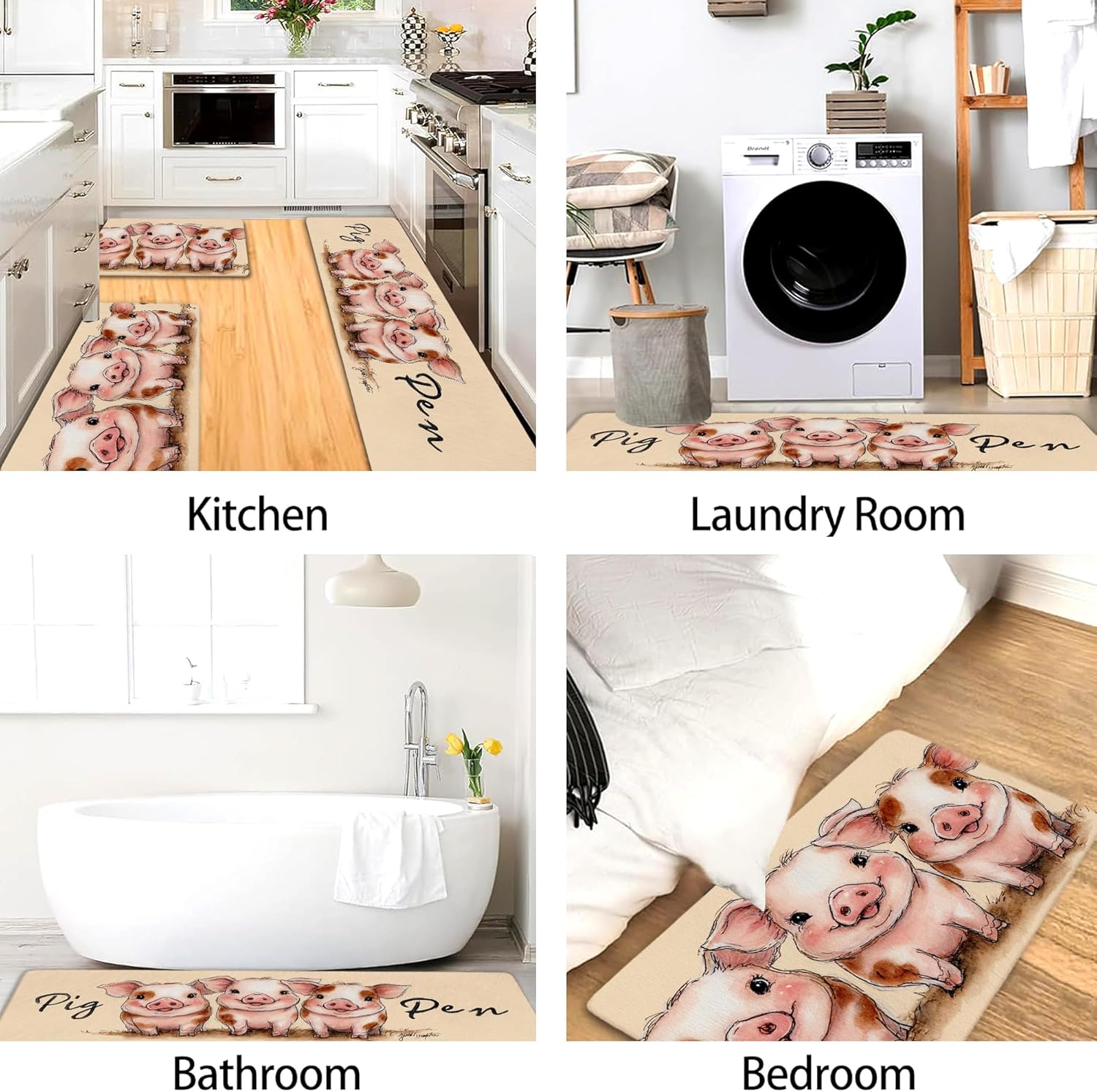 Cute Pig Kitchen Mats for Floor, Farmhouse Style Soft Mats, Cushioned Non Slip Washable Rugs for Kitchen Sinks Laundry Room 3Pcs