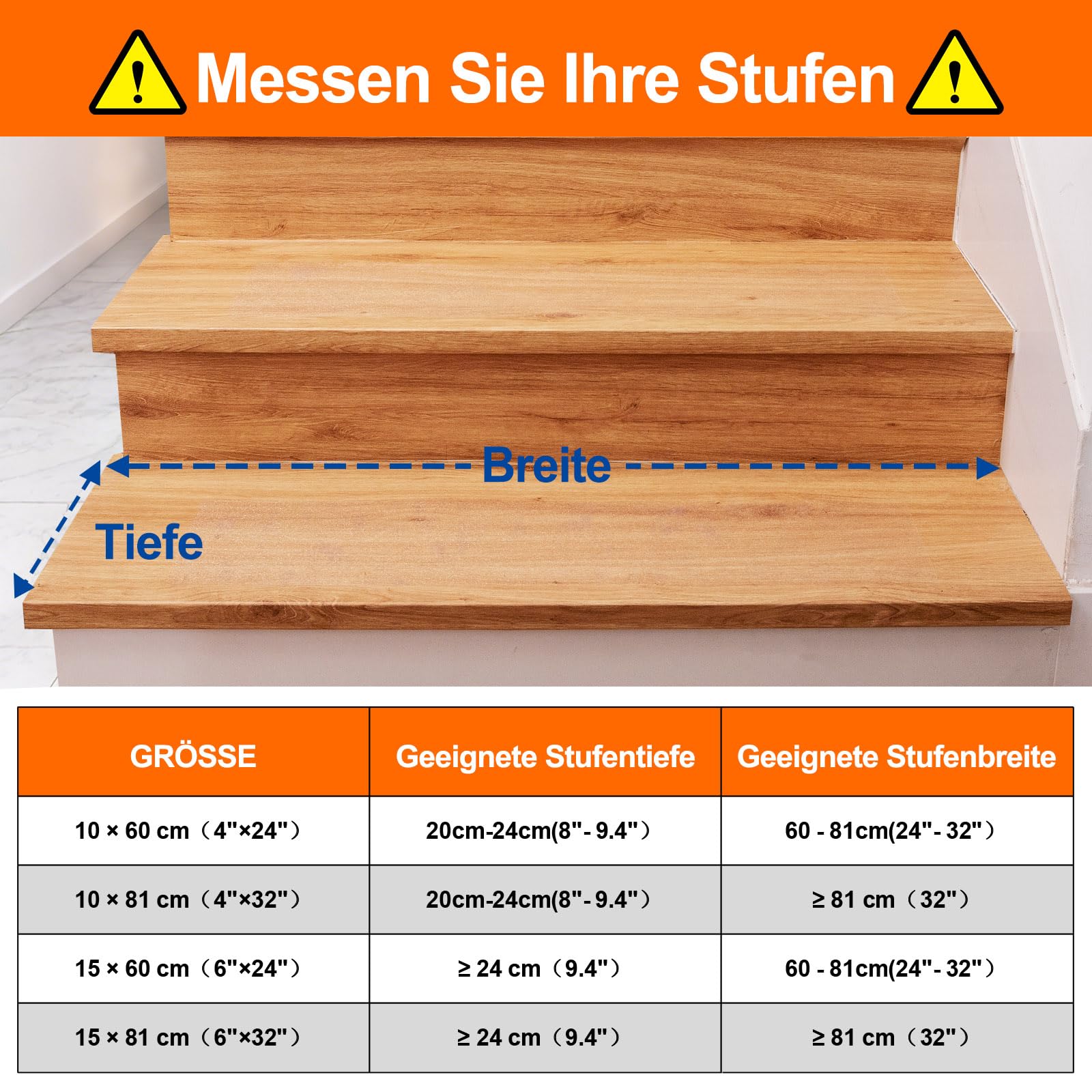 Spurtar Treppenstufen Matten Antirutsch Treppe, Transparent Treppenteppich Selbstklebend Stufenmatten innen 15 Stück für Holzstufen Boden Antirutschmatte Klebeband Pads, 10 x 60 cm