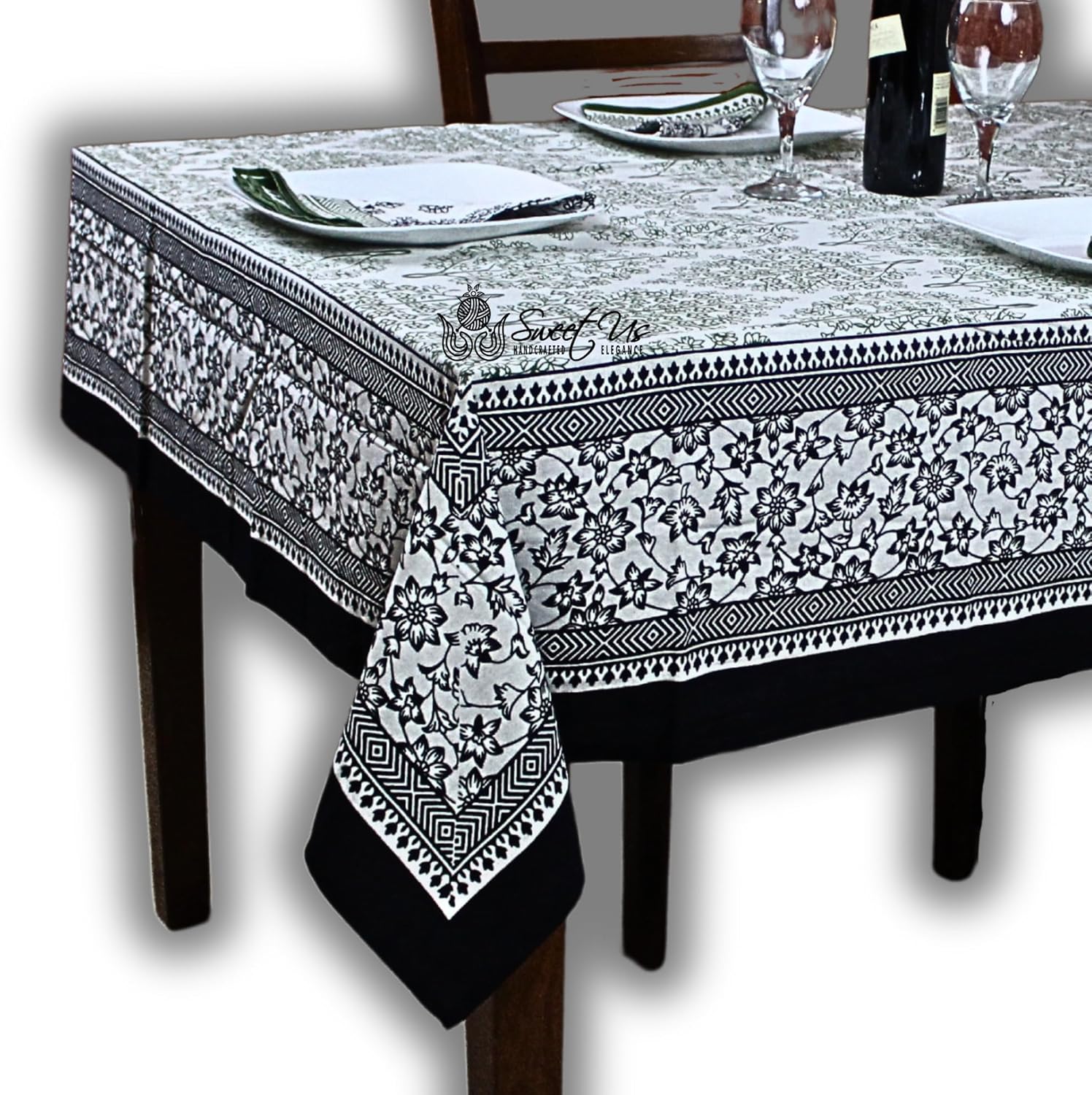 Sweet Us Amore French Floral Cotton Tablecloth and One Plain Napkin, Floral Kitchen Dining Table Cloth, Table Cover for Indoor and Outdoors, Ebony Fern, 60 x 60 in