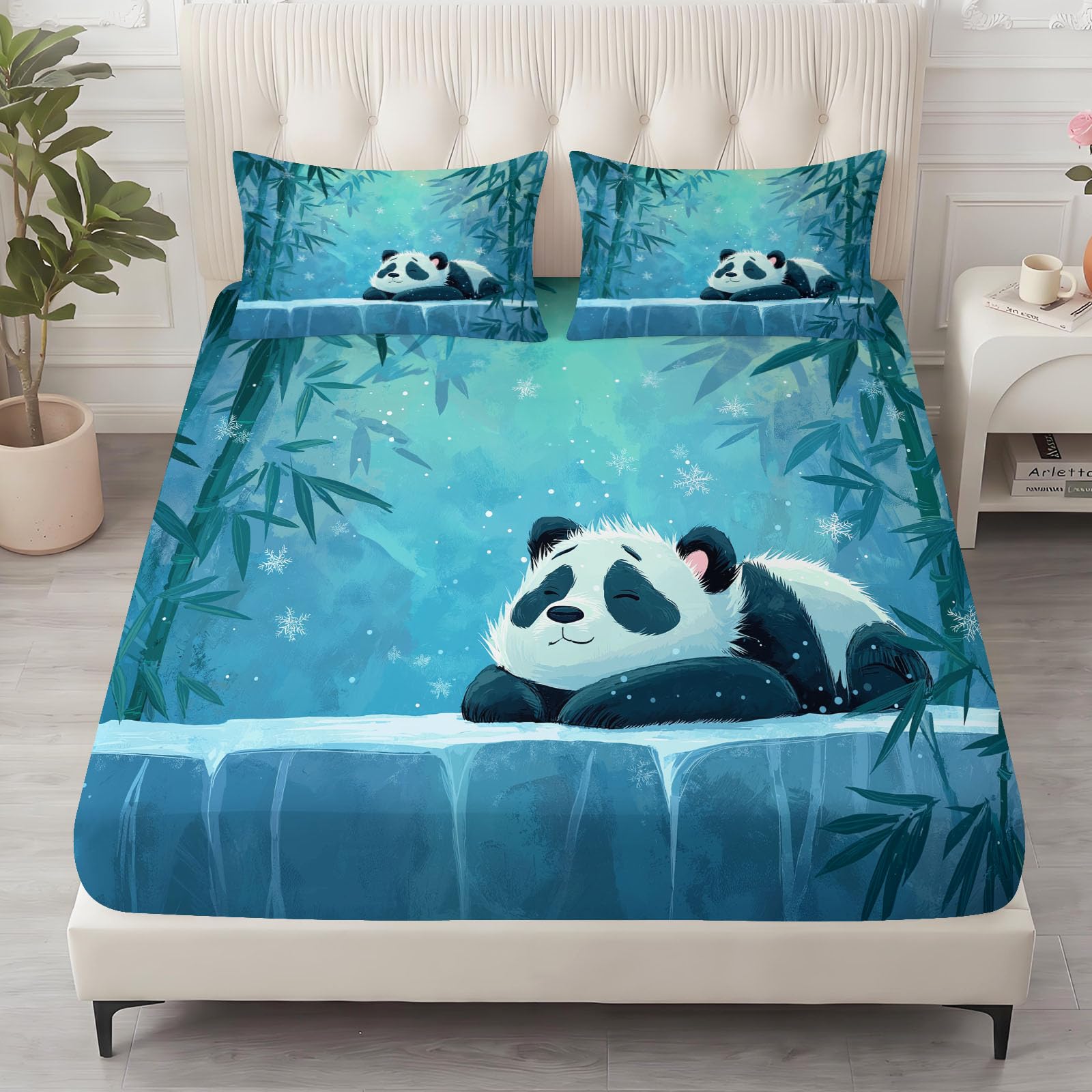 Cartoon Panda Sábana bajera ajustable para niños, microfibra suave hasta 30 cm de altura de colchón, protector de colchón elástico para cama con somier y cama de agua (180 x 200 x 30 cm, animales de