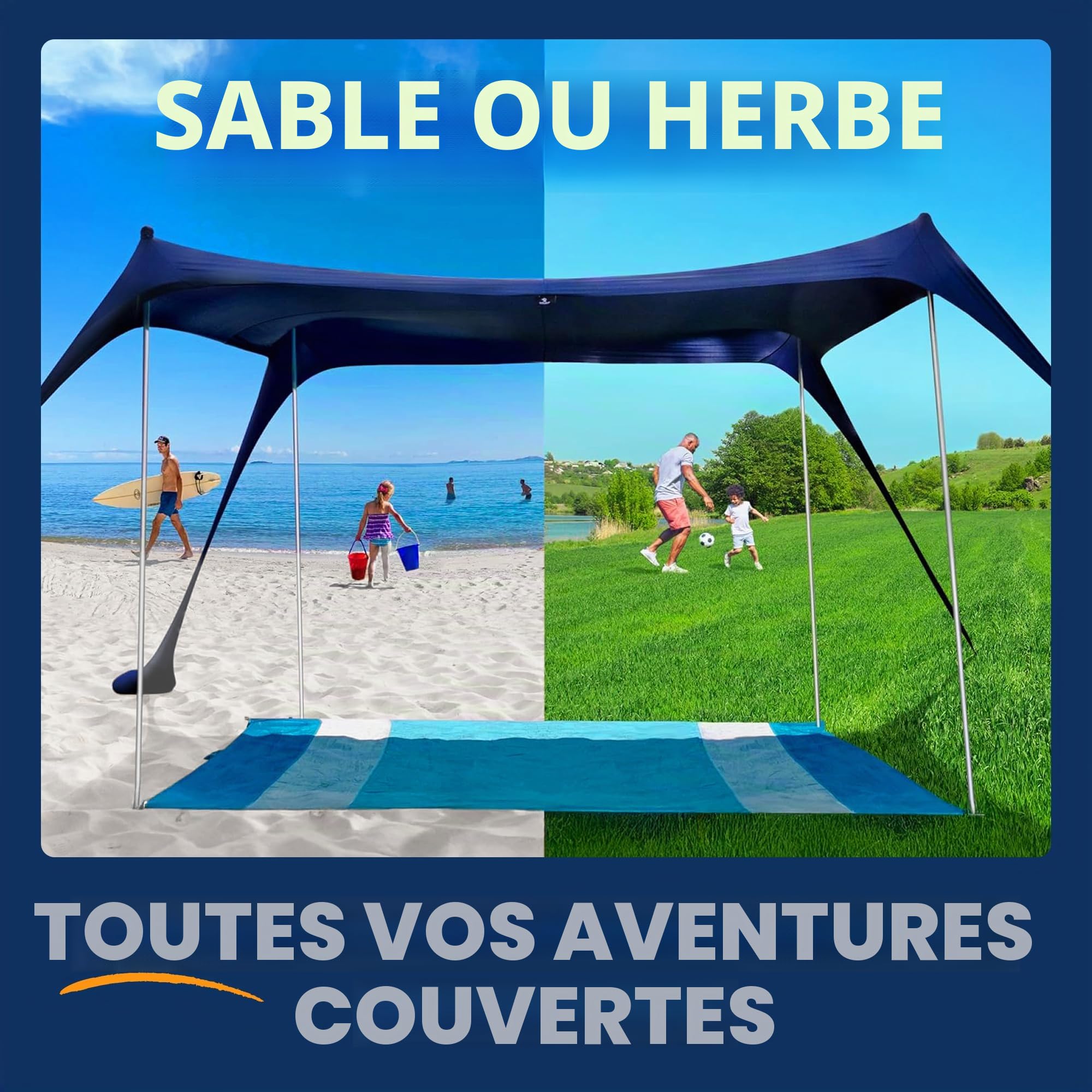 SUN NINJA Tente Pop Up de Plage - Tente de Plage Anti UV pour Bebe - Protection du Soleil pour Bébé Enfant Adulte - Plage Camping Pêche ou Randonnée - 215 x 230 cm - Marine