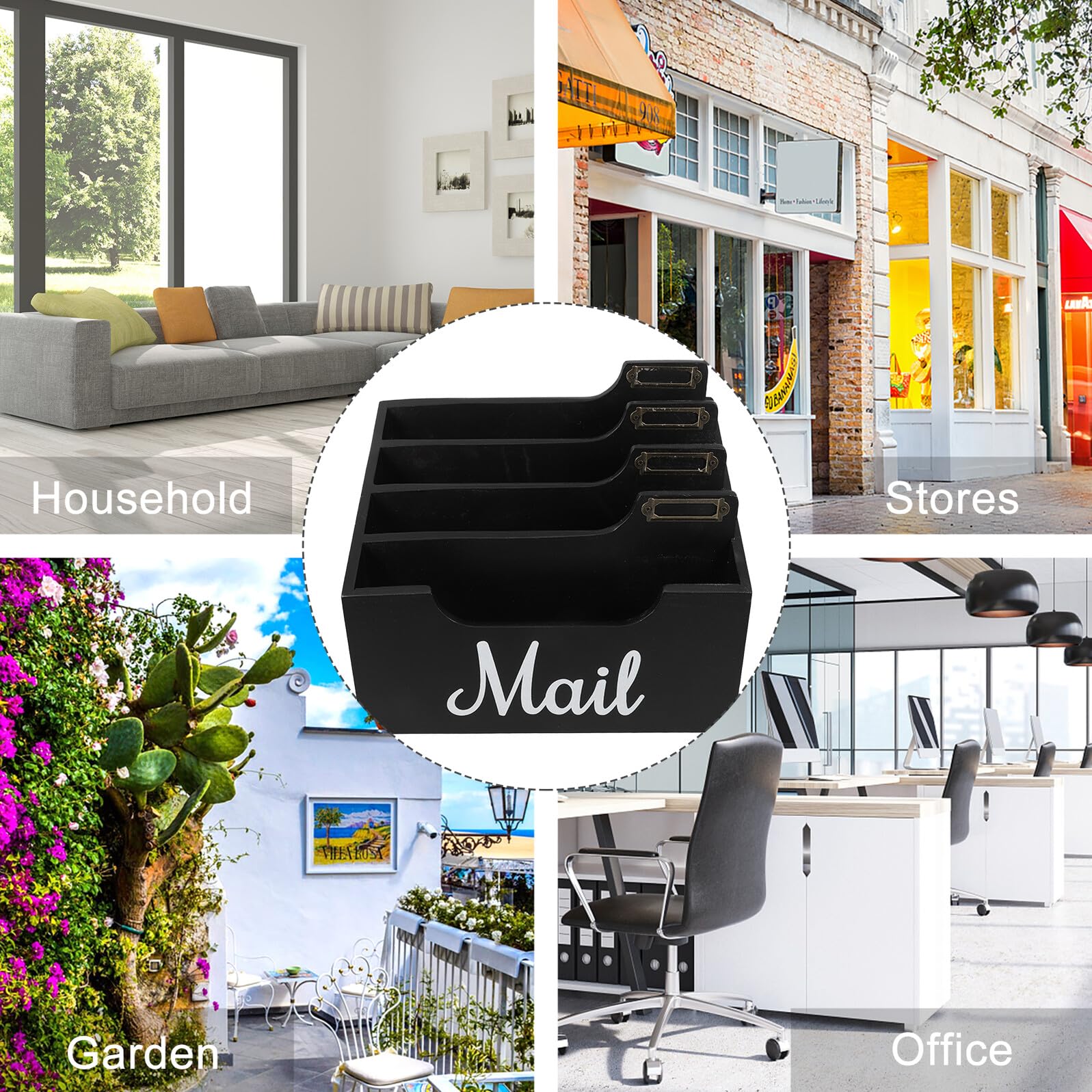 TOPBATHY Holz Schreibtisch Organizer mit Mehreren Fächern Mail Holder für Arbeitsplatte Papierkorb und Stiftehalter Minimalistische Büro Aufbewahrungsbox Schwarz Rustikaler Briefsortierer