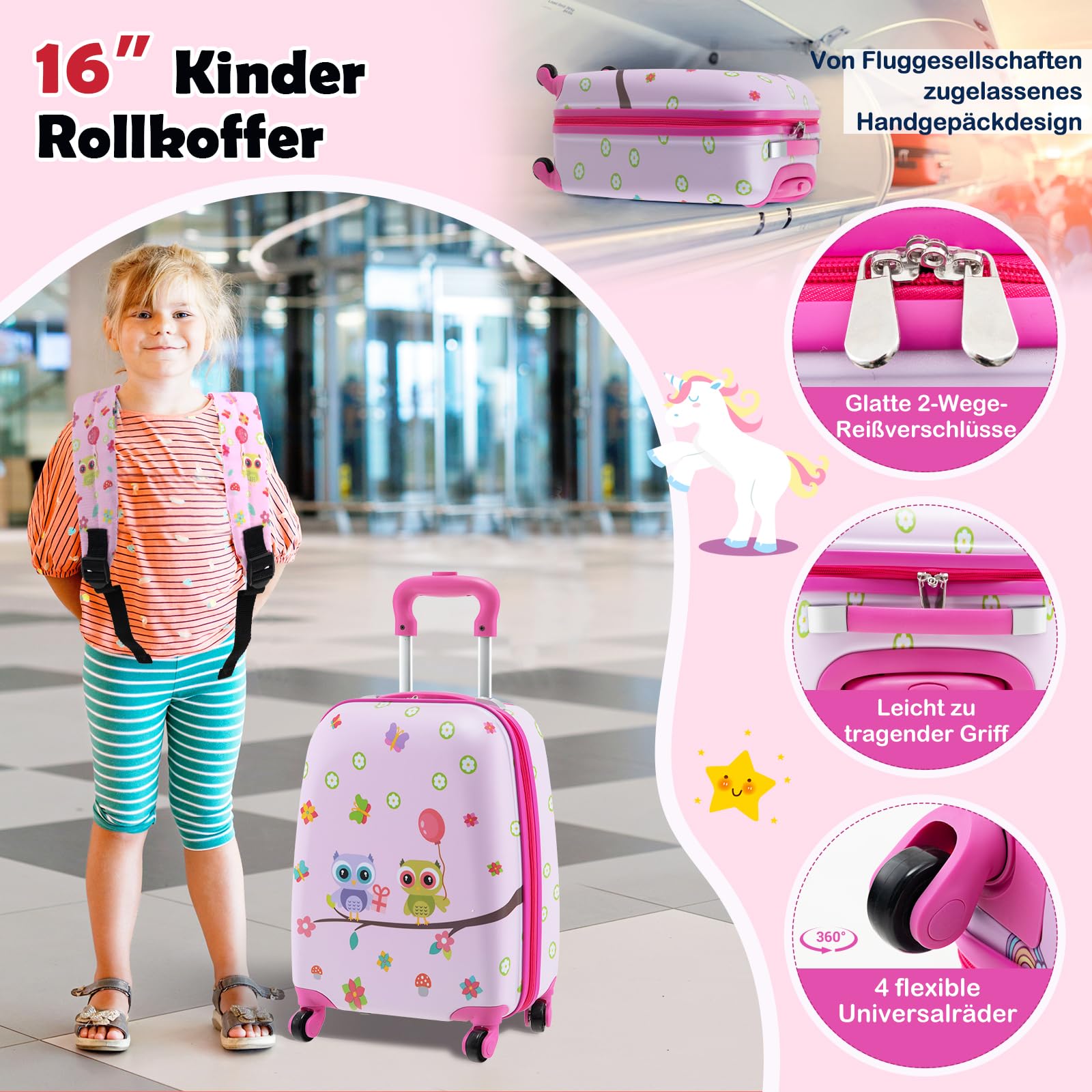 DREAMADE 5tlg Kinderkoffer Set, Kinder Reisekoffer mit Rucksack, Nackenkissen, Lunchtasche & Kofferanhänger, Reisetrolley mit Rollen für Kinder ab 3 Jahren, 30 x 23 x 46cm (Pink-Eule)