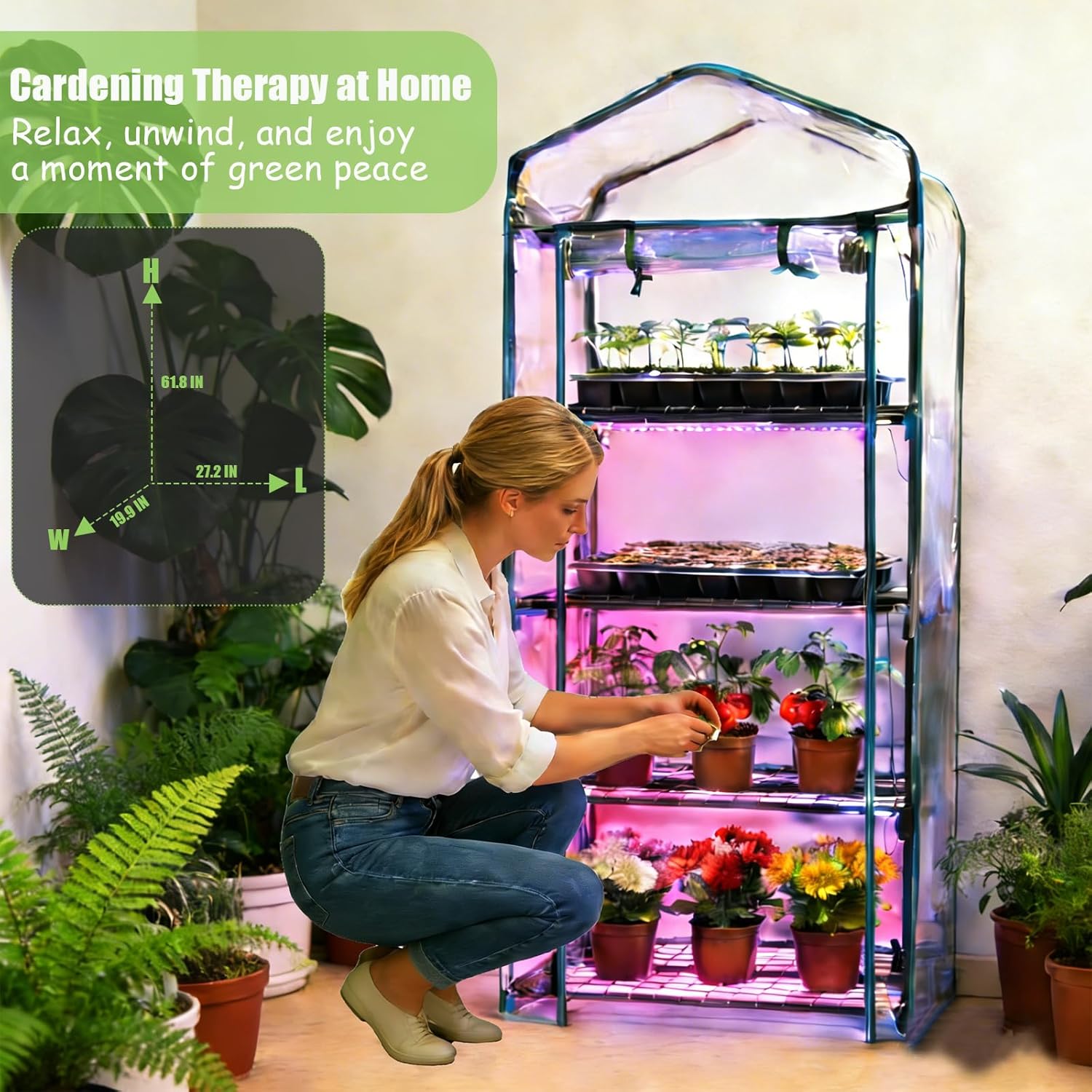 Mini Greenhouse with Grow Light , 4 Tier 27.2" L×19.9" W×61.8" H Portable Greenhouse with Zippered PVC Cover for Seed Starting Trays , Dimmable 2ft 60W Plant Light for Indoor Plant with Timer