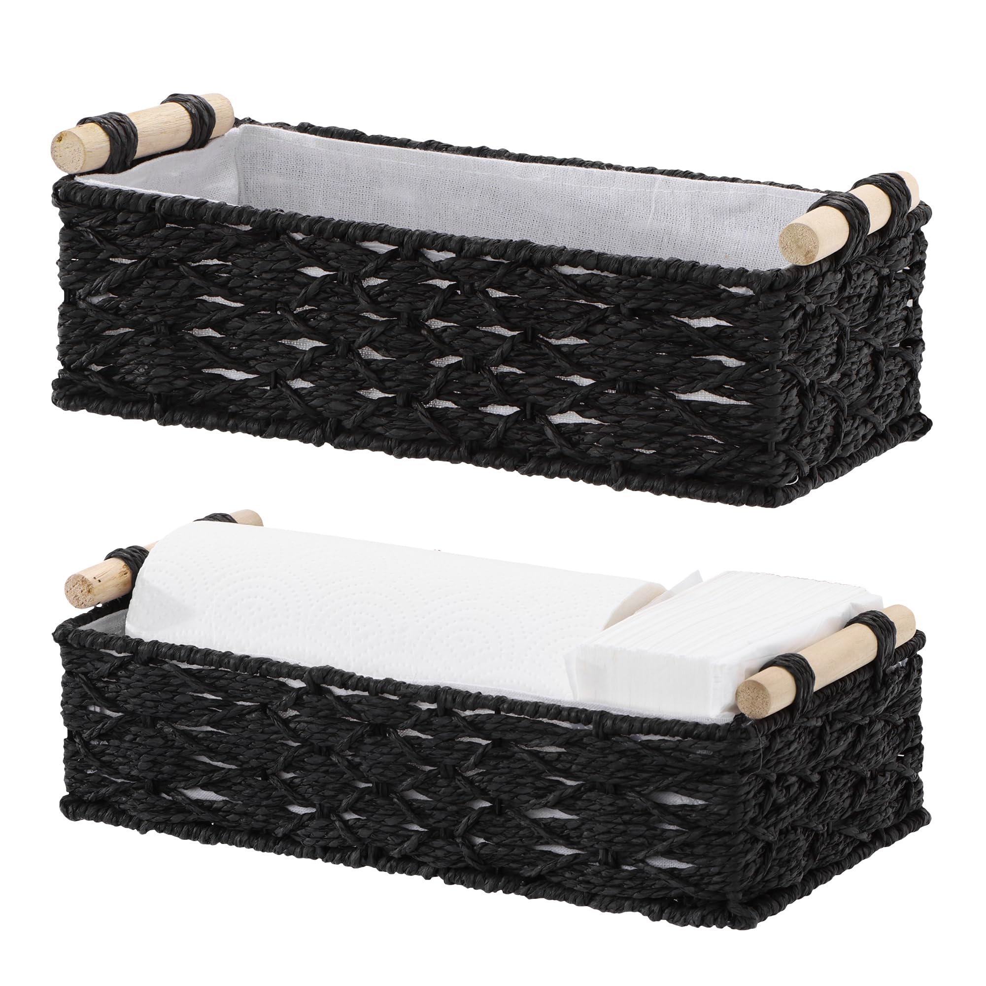 Navaris Black Natural Paper Rope Storage Basket Set With Wooden Handles - Large & Small Versatile Baskets For Organisation & Hampers - Wicker Storage For Shelves, Bathroom Or Laundry