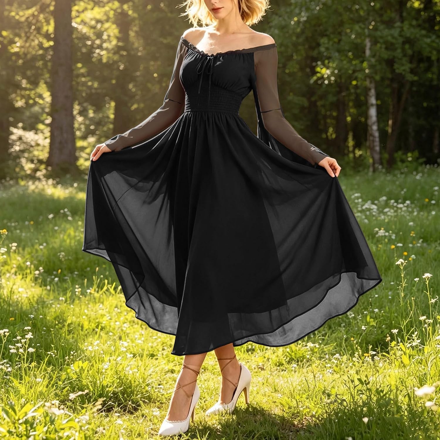 Women's Gothic Midi Dress Off Shoulder Bell Sleeves Costume Dress