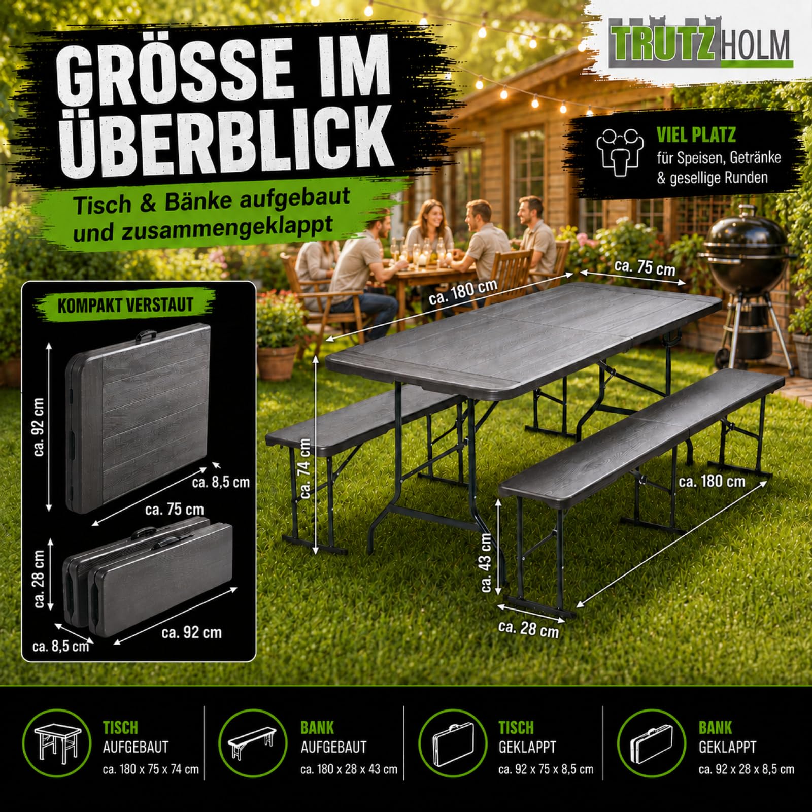 TRUTZHOLM Bierzeltgarnitur in Grauer Holzoptik Festzeltgarnitur 180x75cm klappbar Gartenmöbelset 2 Bierbänke 1 Tisch Campingbedarf Gartenparty Balkon Garnitur