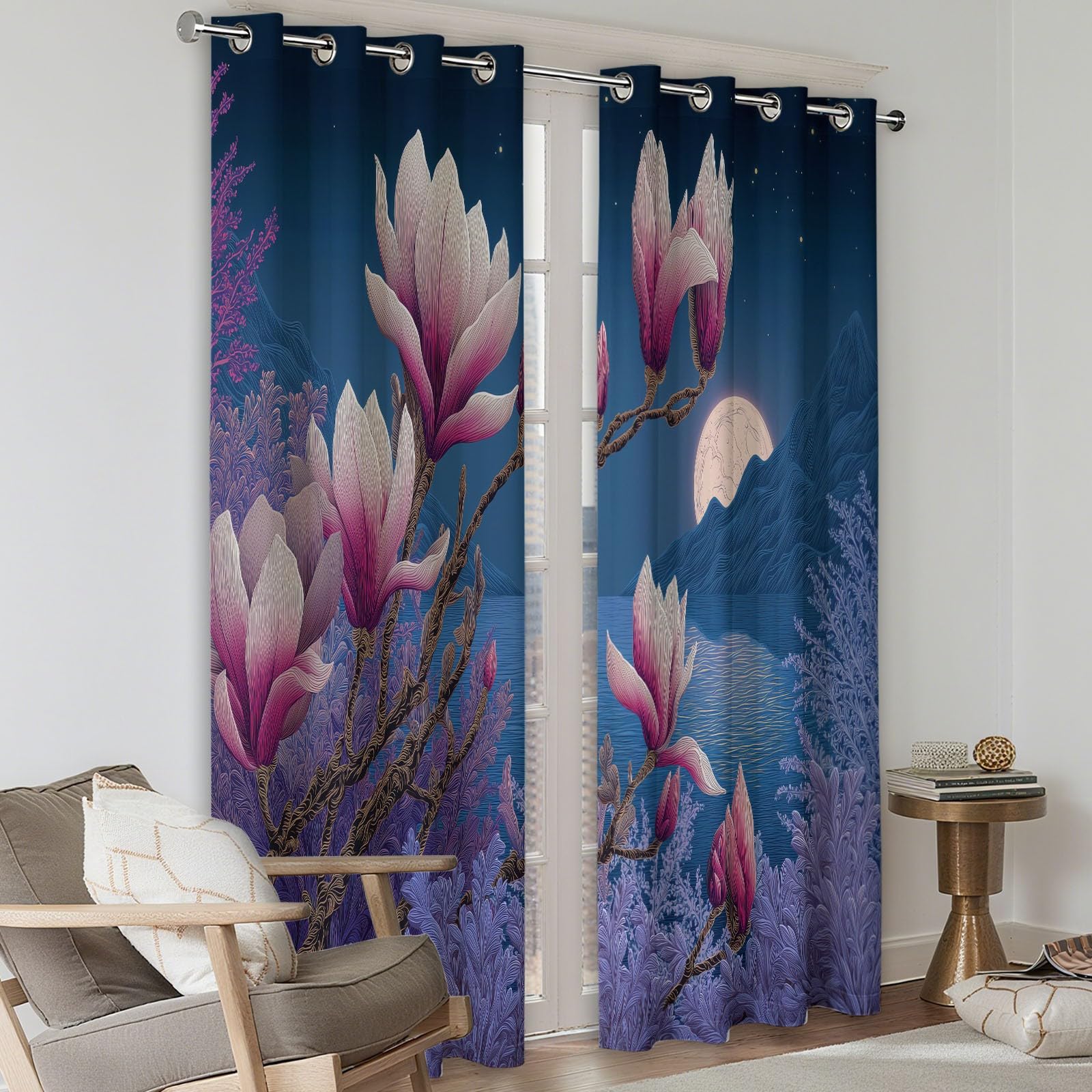 Zasłony zaciemniające 75 x 166 cm zestaw 2 sztuk, orientalny urok natura kwiaty magnolia zasłona zaciemniająca z oczkami do sypialni, redukcja hałasu, ciemnoniebieska