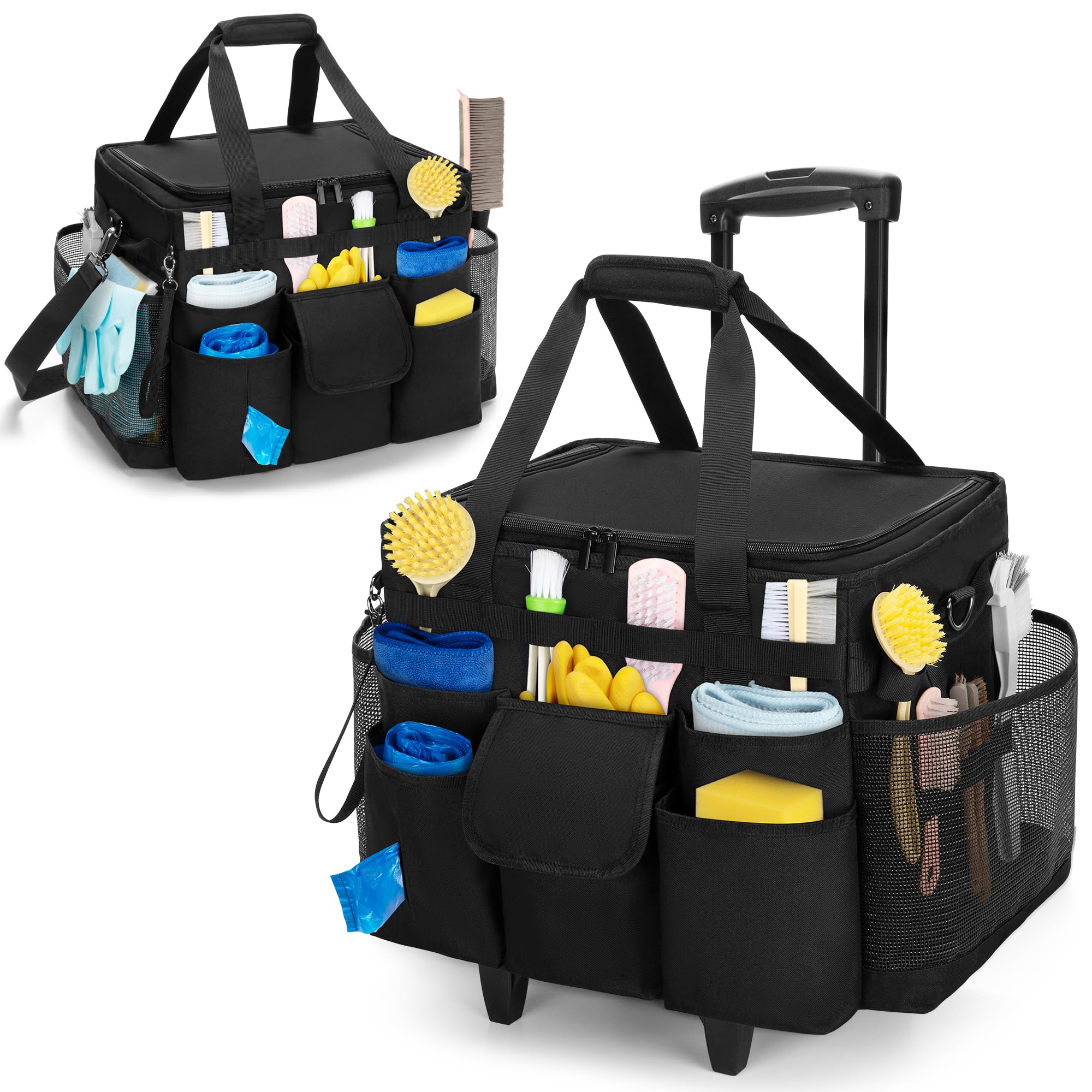 LoDrid Organizador de suministros de limpieza con tapa y carrito desmontable, carrito de limpieza con ruedas con asa y correa para el hombro, color negro