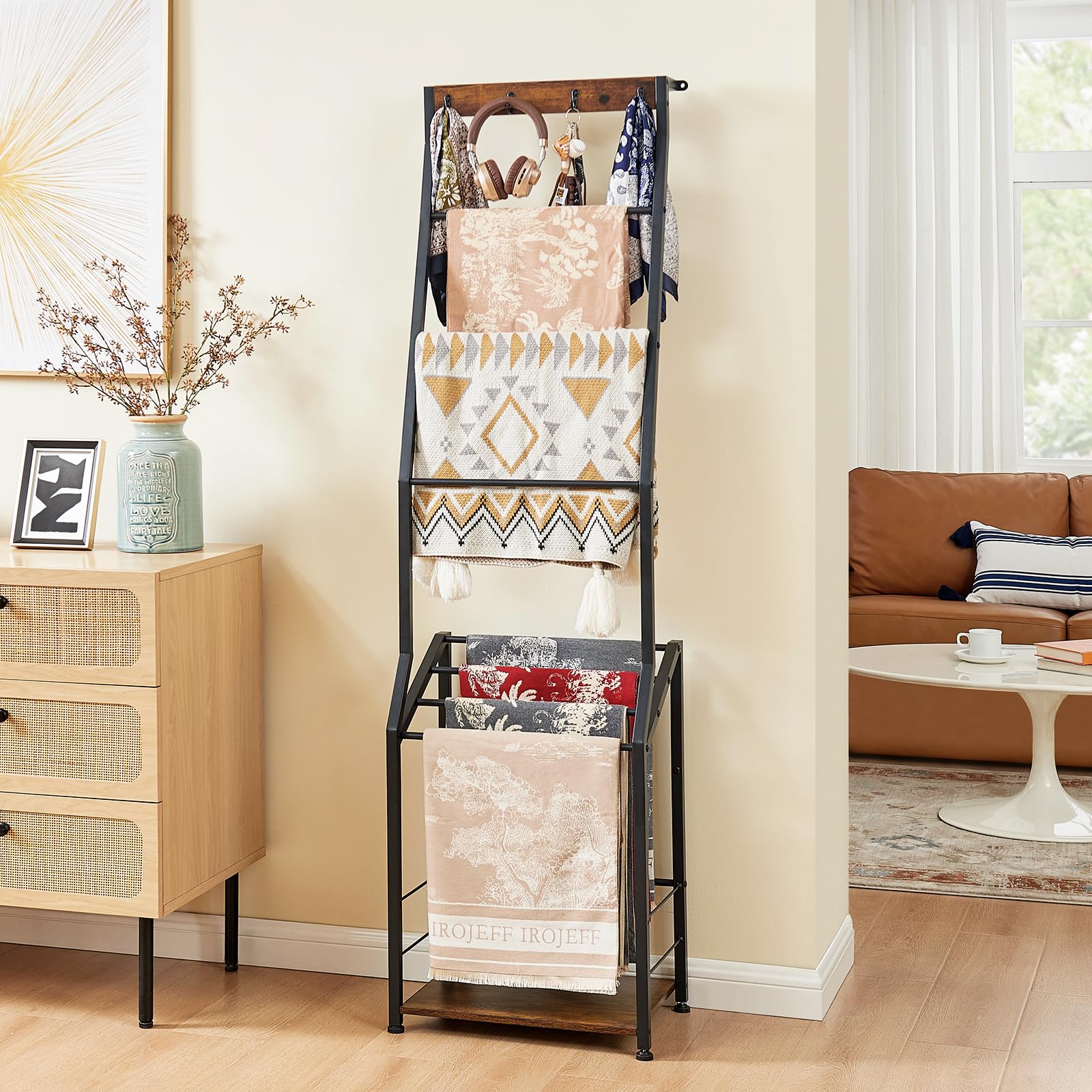 Pinzoveco Blanket Ladder, 7 Tier Wooden Ladder Shelf with Hooks