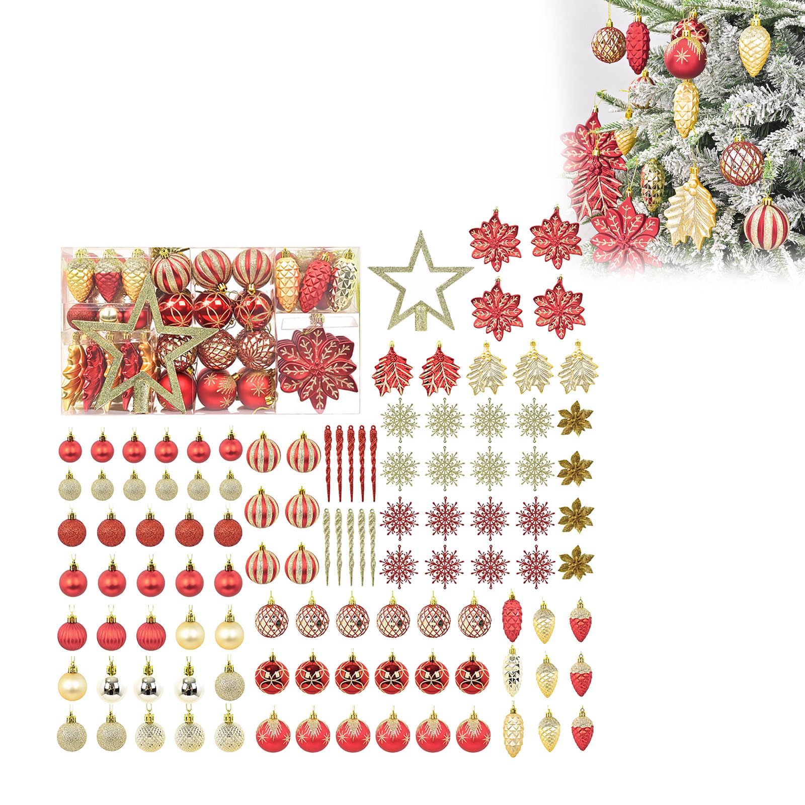 110Pcs Boule d'arbre de Noël,Boules en Plastique Incassables pour Décorations,Peint Boules Noel avec Lanières pour Noël Trees Thanksgiving Decorations Intérieures ou Extérieures