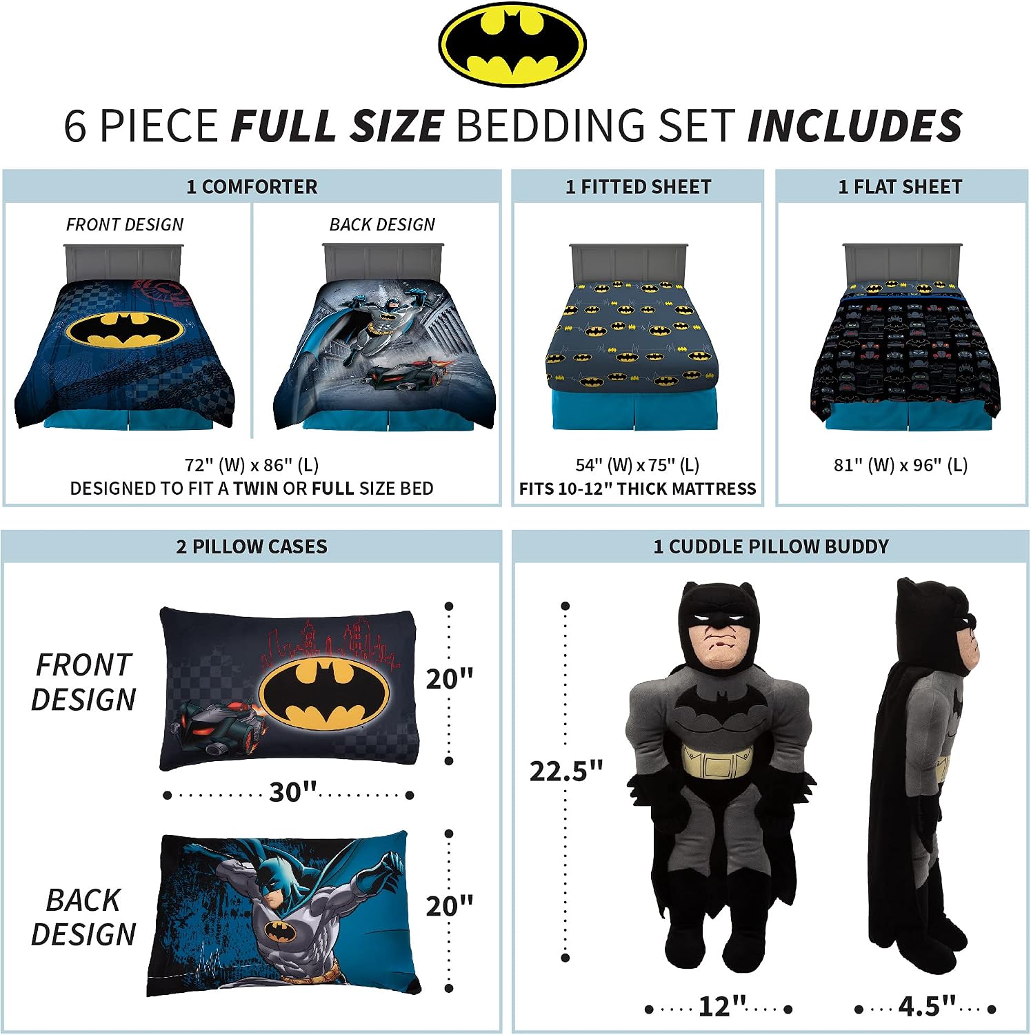 Franco Kids Bedding Comforter with Sheets and Cuddle Pillow Bedroom Set, 6 Piece Full Size, Batman
