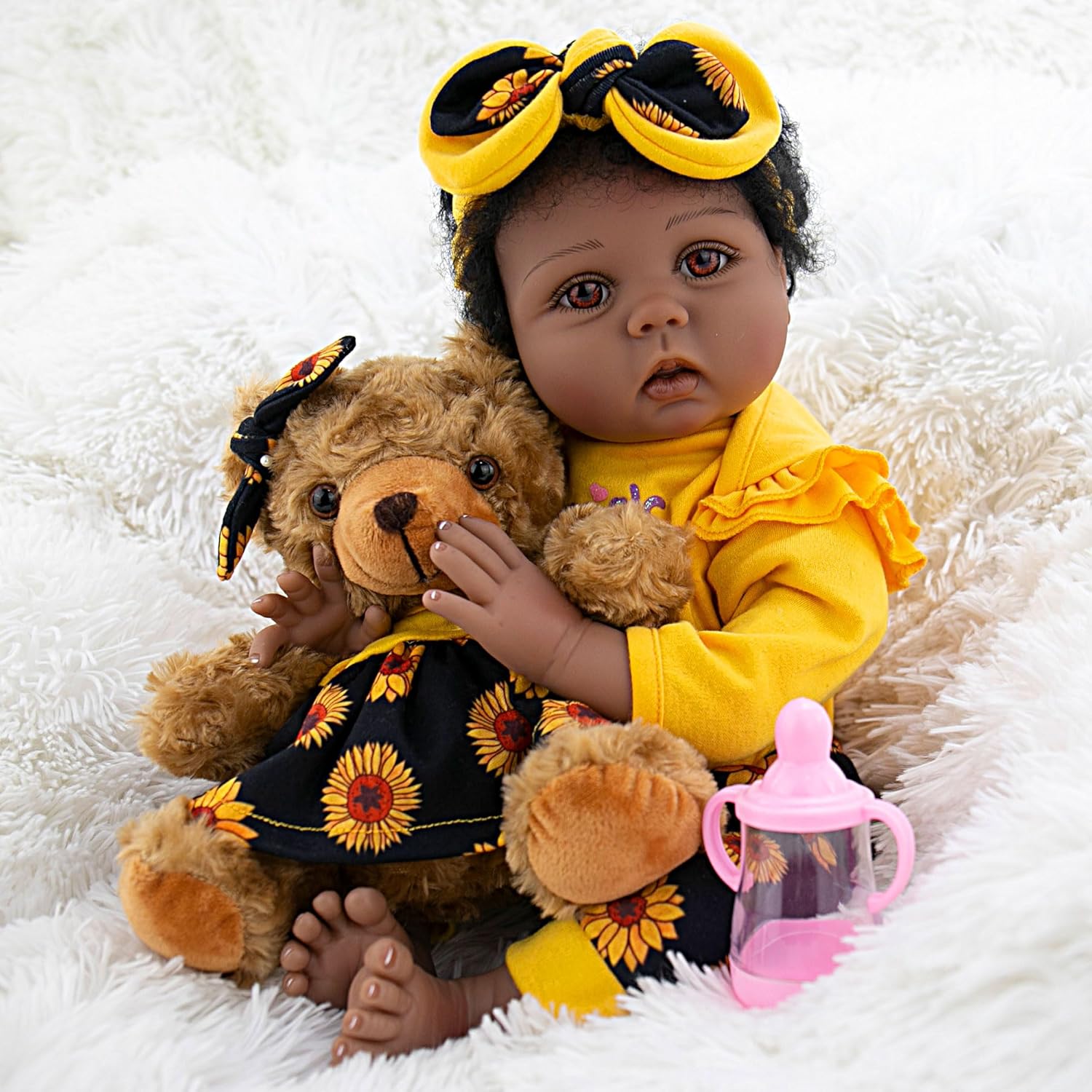 Lifelike Reborn Baby Dolls Black Girl - Realistic Newborn Baby Dolls, Soft Poseable Body, Real Life Baby Dolls with Feeding Toy and Sunflower Clothes, for Kids Age 3+