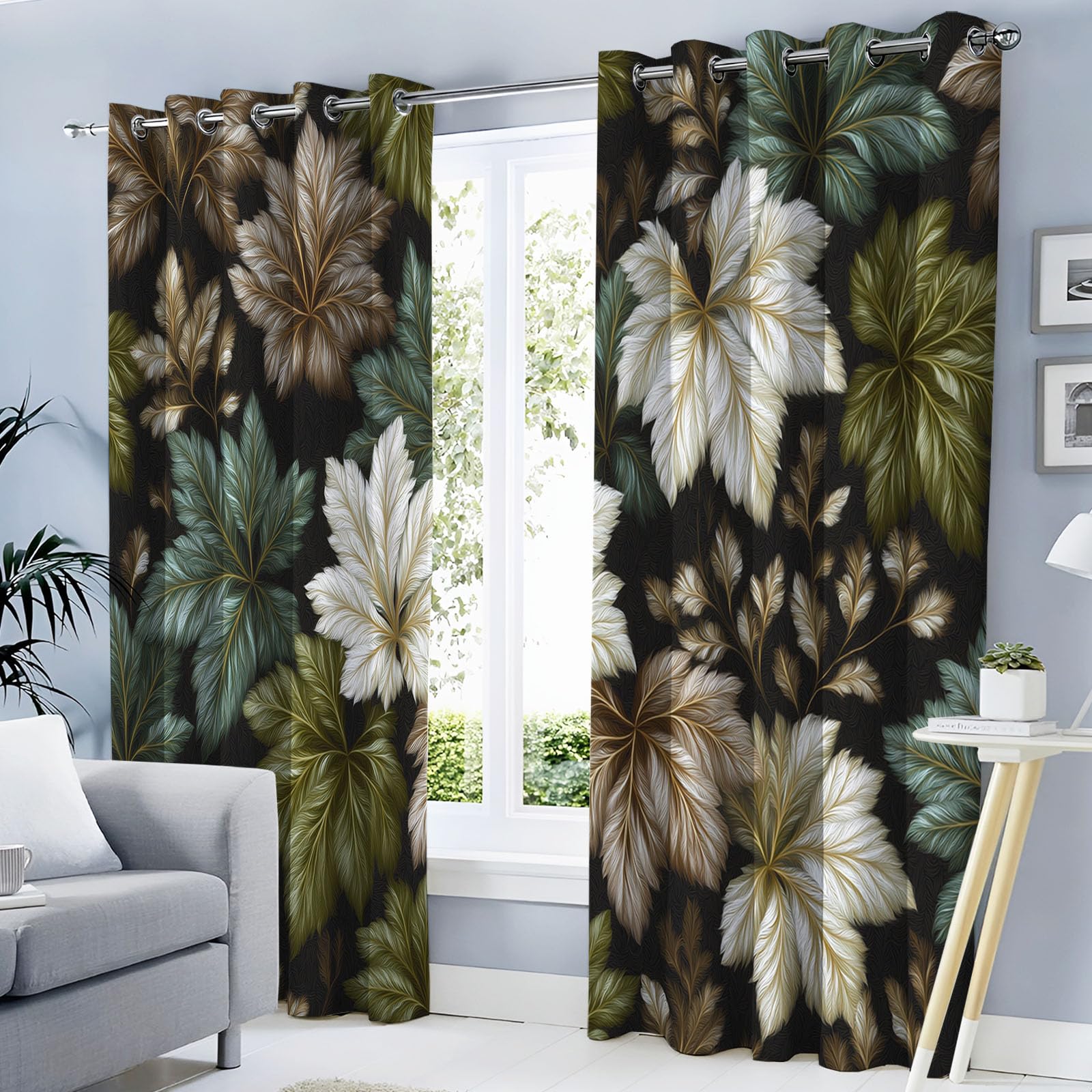 Rideaux fenêtre imprimé feuilles pour créer un salon nature et cosy