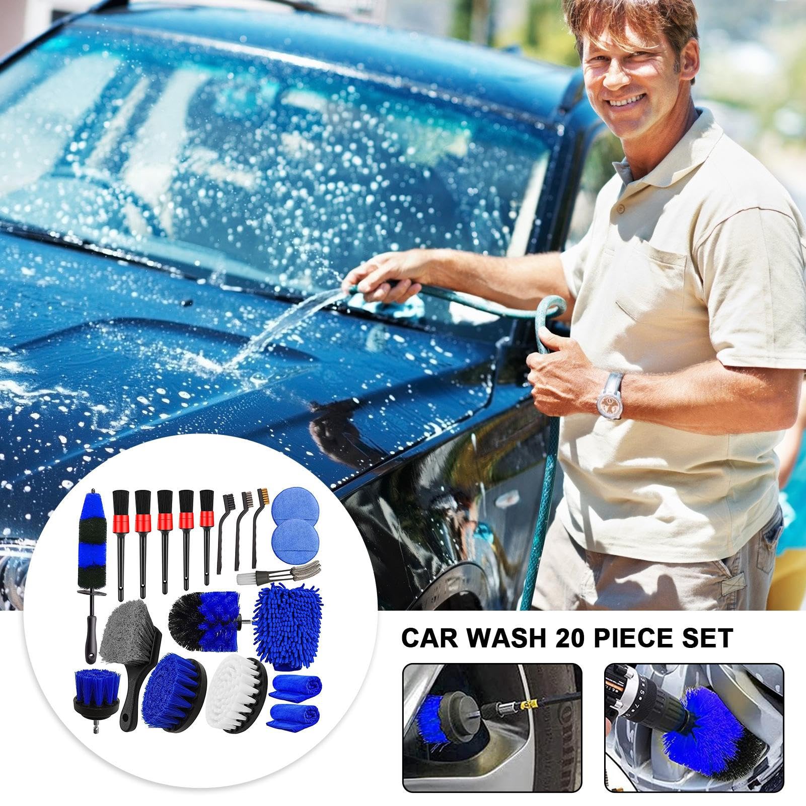 Kit di Pulizia per autolavaggio Esterno,Kit di Pulizia per Auto | Interno | Guanti da Lavaggio da 20 Pezzi per spazzole per Trapano per Dettagli Automatici - Kit Professionale per la Cura