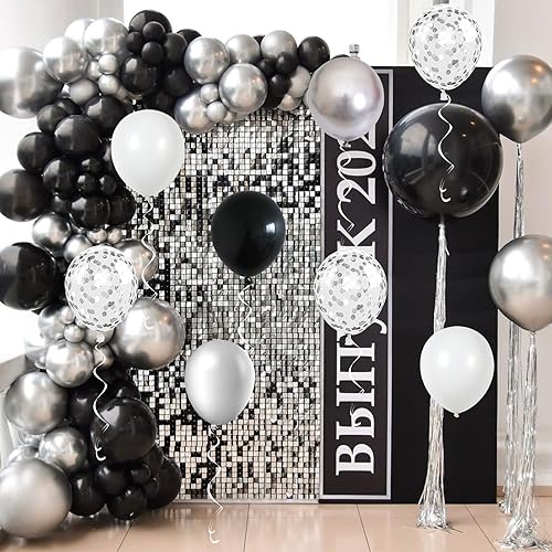 Miniatura 5 de Globos negros y plateados, 60 paquetes de globos plateados metálicos cromados de 12 pulgadas y globos de confeti, globos negros y blancos plateados
