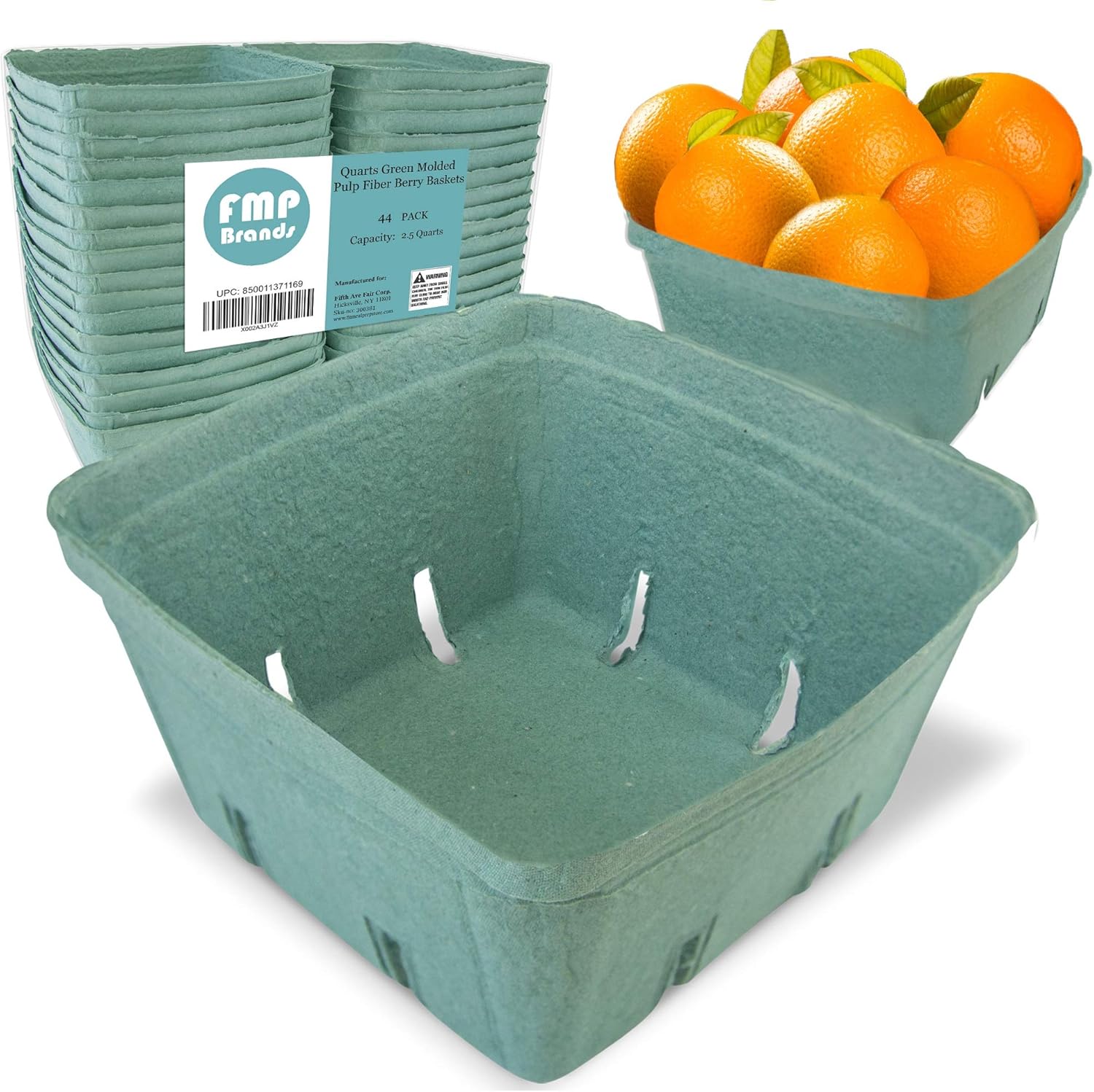 [44 Pack] 2.5 Quarts Green Molded Pulp Fiber Berry Basket Produce Vented Container for Fruit and Vegetable, Farmer Market, Grocery Stores and Backyard Party