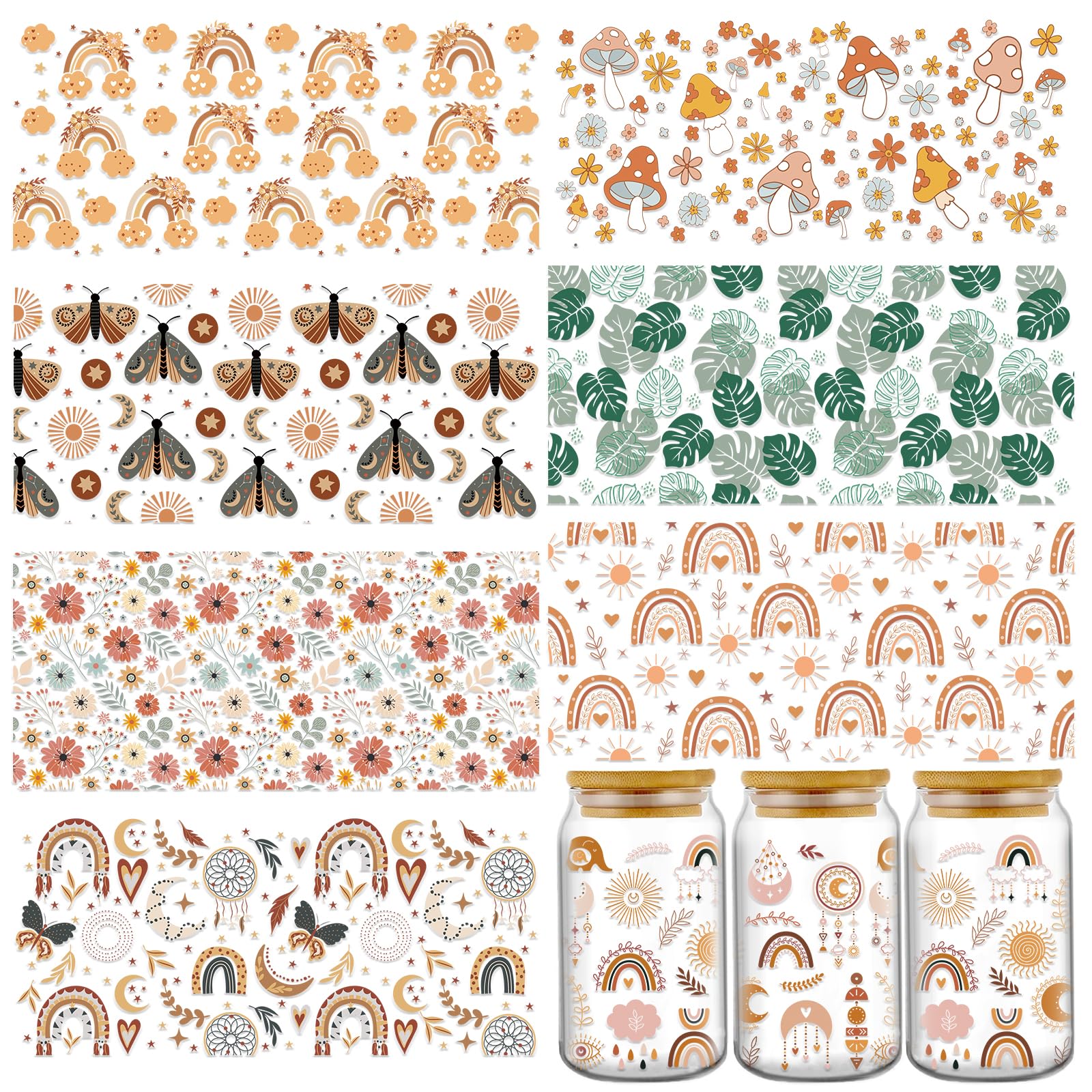 Rngmsi UV DTF Cup Wraps for 16 oz - 8 Sheets Mystic Boho UV DTF Wraps Moth Rainbow Moon Monstera Leaves UV DTF Cup Wrap Transfer for Glass Groovy