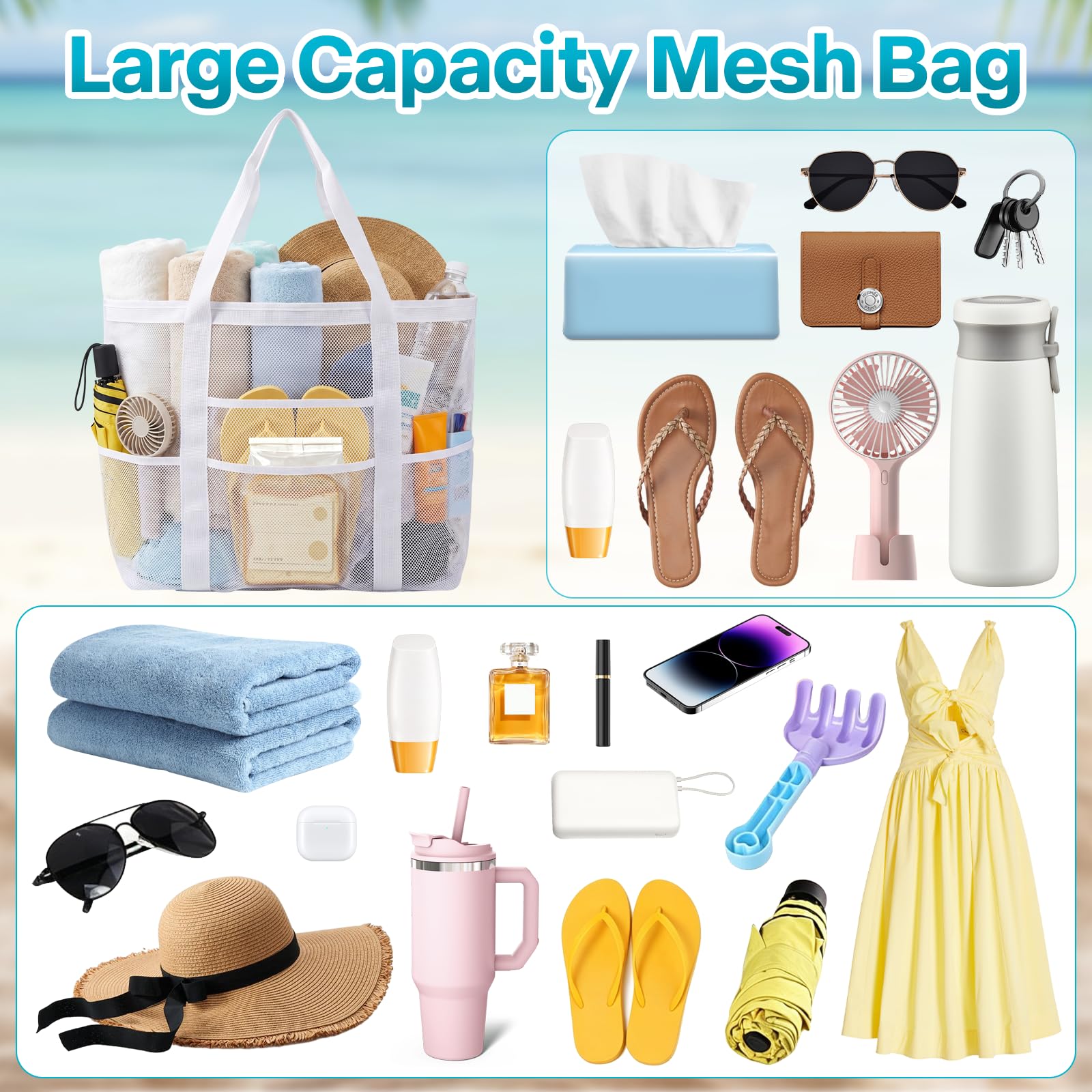 Borsa Mare Grande XXL Famiglia, Borsa da Spiaggia in Rete, Borsas Mare Donna, Bag Spiaggia Pieghevole, Traspirante, Moda, Pratica, per Nuotare, Campeggiare, Viaggiare, Fare Shopping