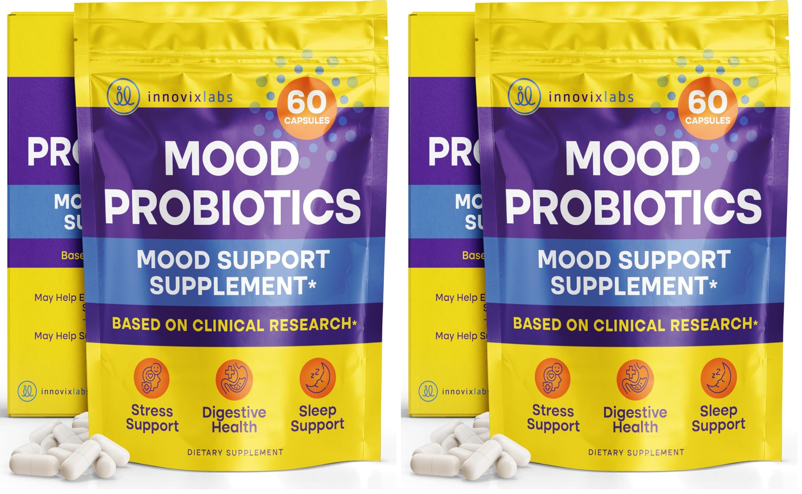 InnovixLabs Mood Probiotic for Women & Men, Clinically Studied Digestive & Mood Support Supplement, Lactobacillus helveticus Rosell-52ND & Bifidobacterium longum Rosell-175, 60 Capsules (Pack of 2) 60 Count (Pack of 2)