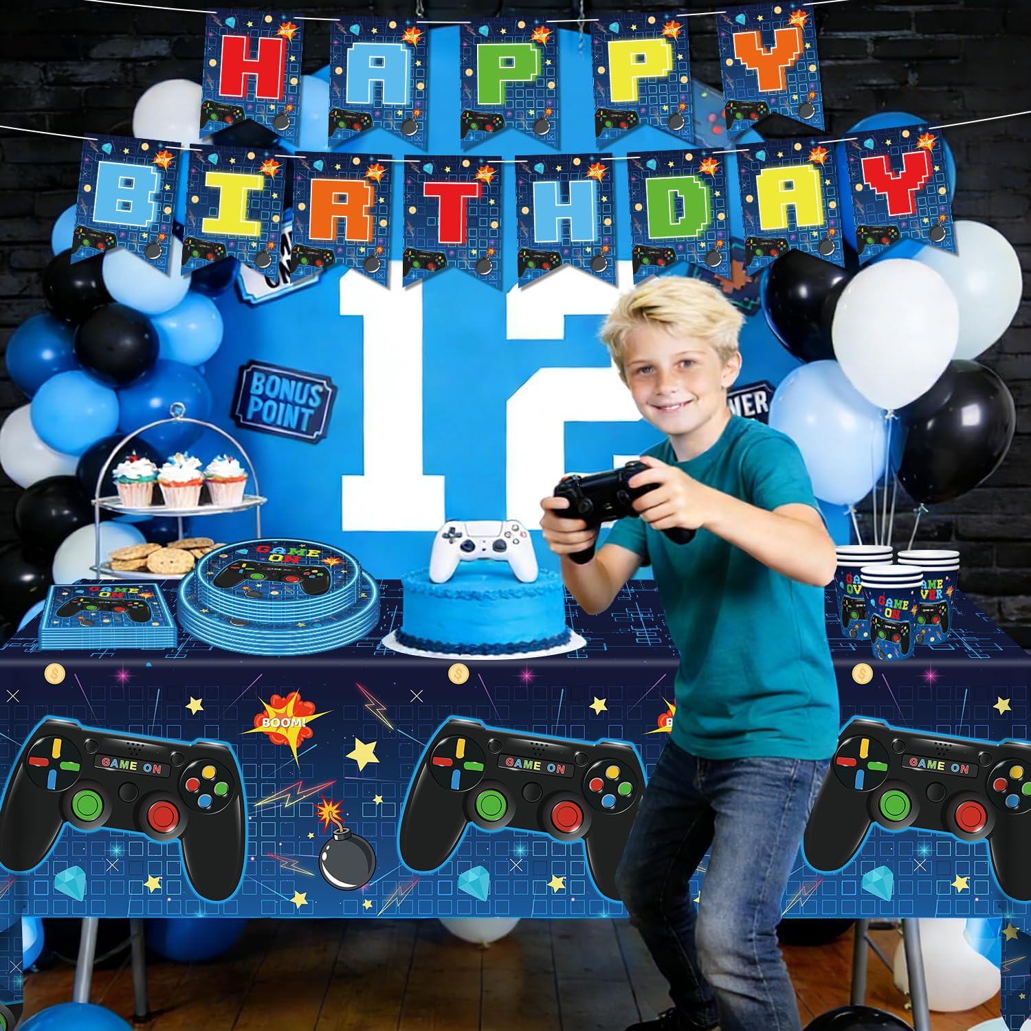 146 Pezzi Decorazioni per Compleanno a Tema Videogioco Accessori per Giochi Set di Stoviglie per Feste di Videogiochi Compreso Sfondo, Piatti e Tovaglia per Decorazioni di Compleanno Bambini per 20