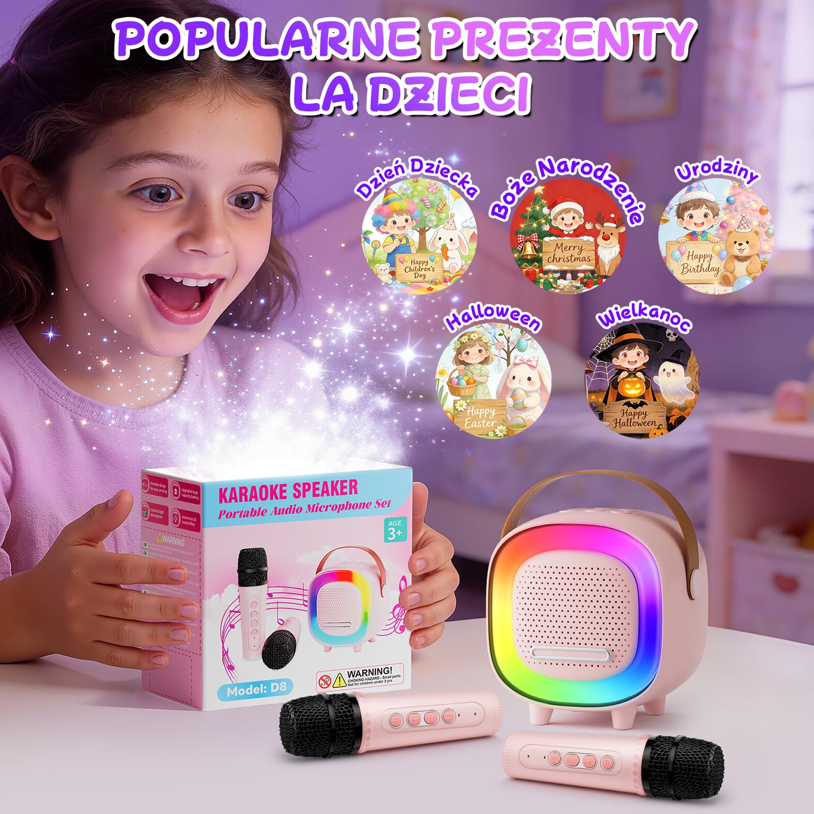 Mini Karaoke dla Dzieci i Dorosłych, 7 Trybów Efektów Dźwiękowych 6 Trybów Podświetlenia, Przenośny Głośnik Bluetooth z 2 Mikrofonami Bezprzewodowymi, Prezenty Świąteczne i Urodzinowe