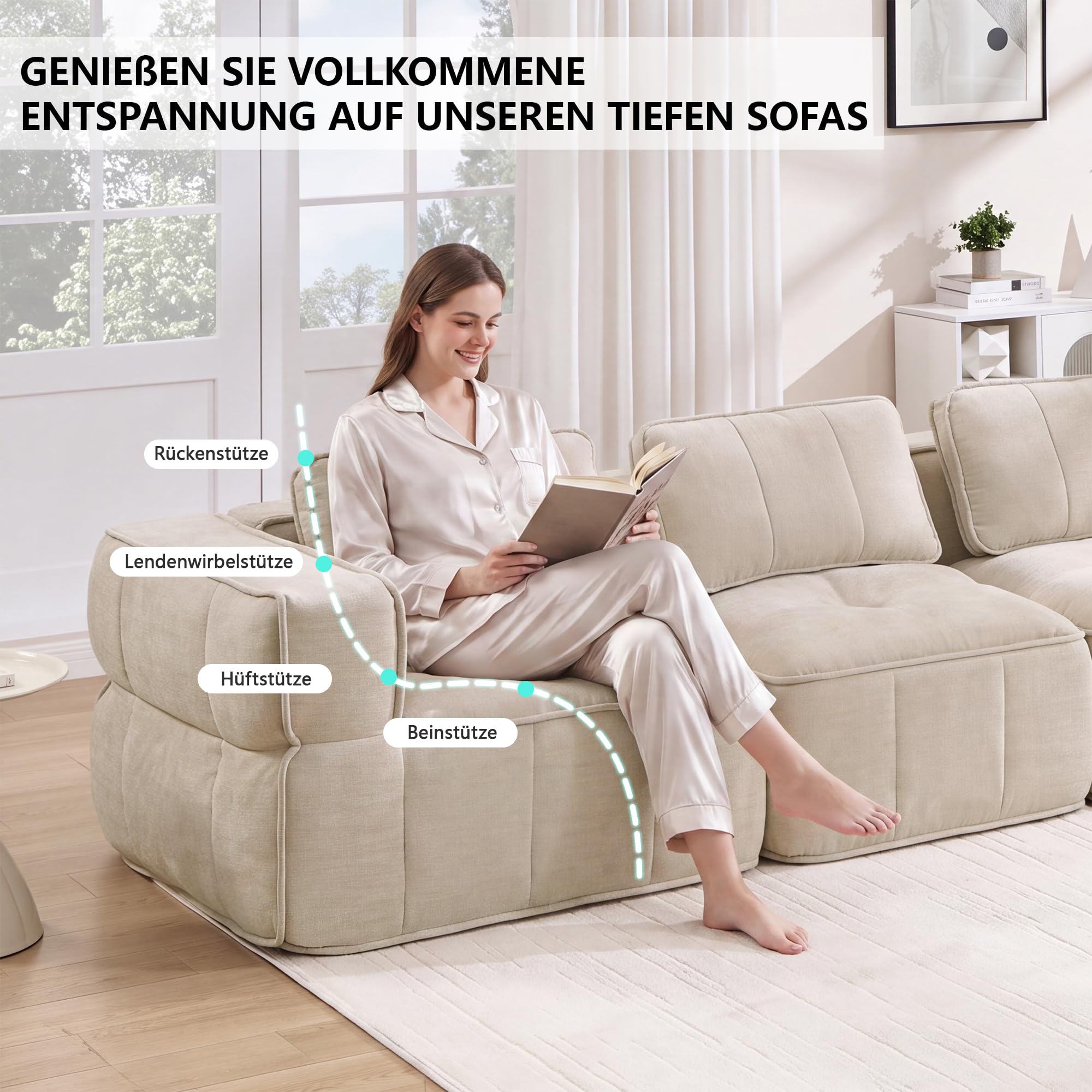 Generisch Divano modulare a 3 posti, beige, schiuma 32D ad alta densità, senza montaggio
