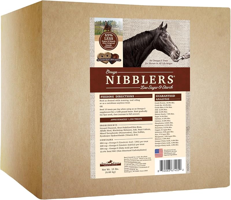 Petisco para Cavalos com Baixo Açúcar e Amido, Sabor Melaço Blackstrap Omega Nibblers Omega Fields, Pacote com 15