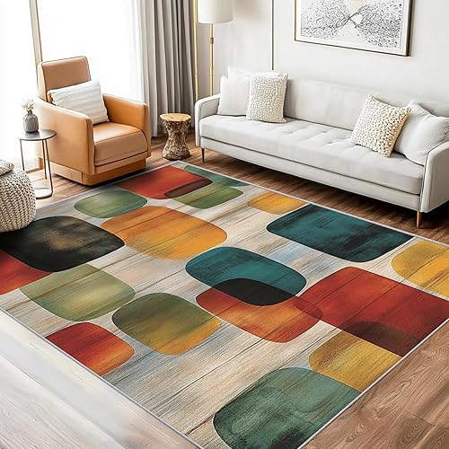 Alfombra geométrica, lavable de 8 x 10 pulgadas, alfombras de mediados de siglo para sala de estar, dormitorio, alfombra antideslizante suave de