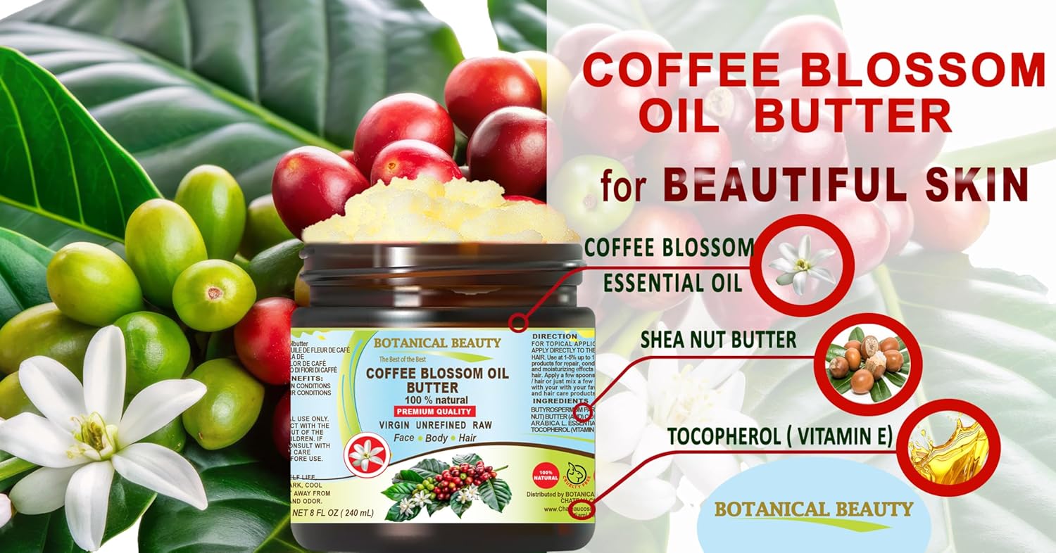 Botanical Beauty COFFEE BLOSSOM OIL BUTTER 100% Natural Coffee Blossom Essential Oil in Shea Nut Butter for FACE, SKIN, BODY, HAIR, NAILS. Beauty Skin Moisturizer Oil Butter (8 Fl Oz)
