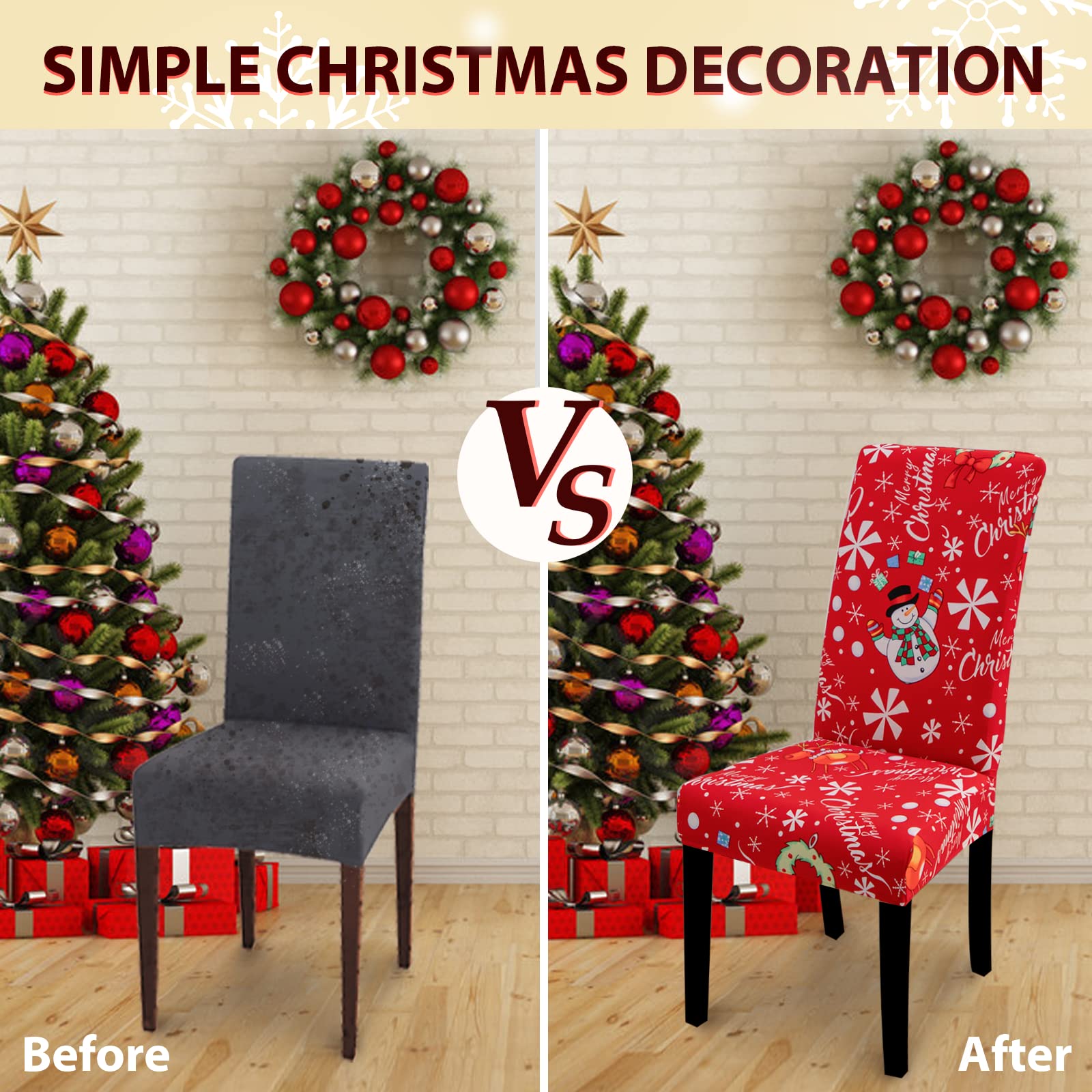 Lydevo Coprisedie Natalizie 4 Pezzi Coprisedia con Schienale Elasticizzato Spandex Fodere Coprisedia per Sala da Pranzo Rimovibile Vestisedia con Schienale per Natale Festa,Pupazzo di Neve