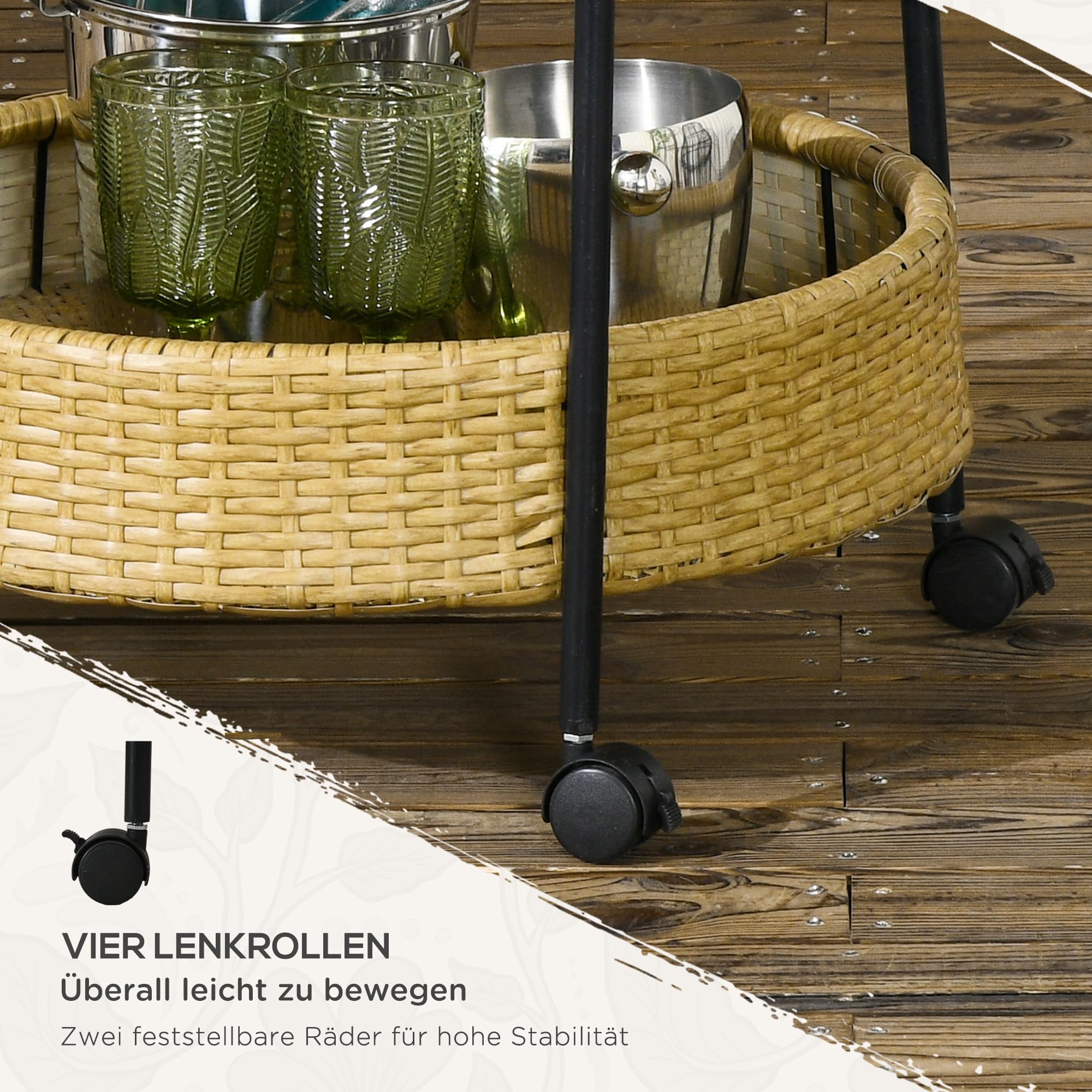 Outsunny Servierwagen Rattan Trolley mit 2 Regalen, Runde Küchenwagen, Gartenrollwagen mit Griffen, Outdoor Barwagen für Balkon, Stahlrahmen, Φ50 x 66 cm, Natur