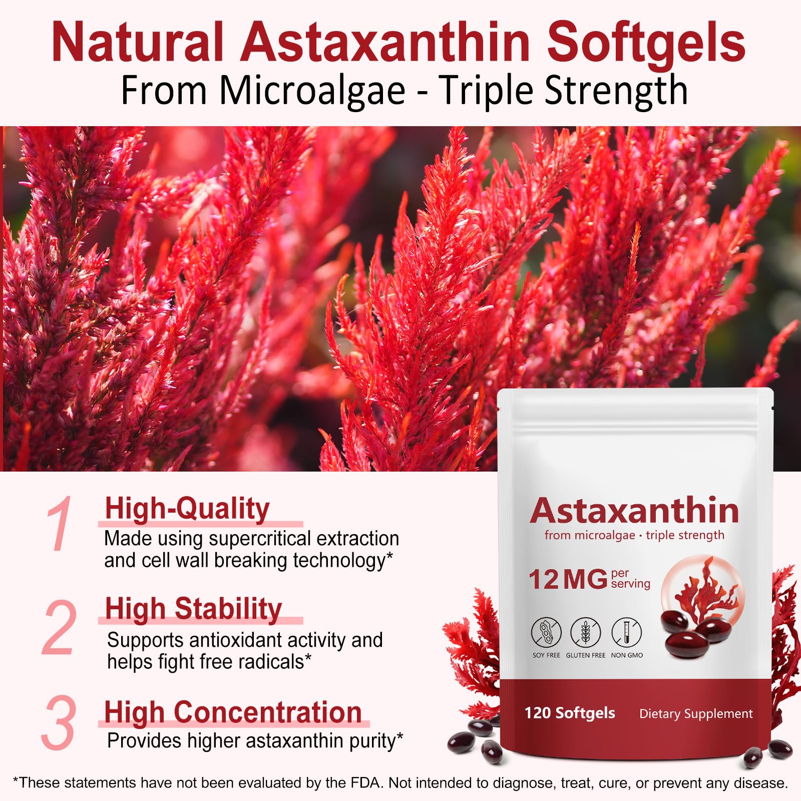 Astaxanthin Supplements 12mg, 120 Astaxanthin Softgels, Premium Astaxanthin Antioxidant Supplements with Antioxidant Activity, Supports Eye, Skin, Immune, Joint, Internal Circulation-4 Month Supply