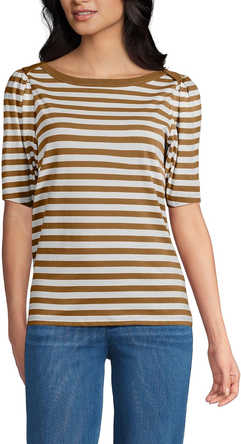 Lands' End Women's Elbow Sleeve Supima Cotton Boatneck T-Shirt