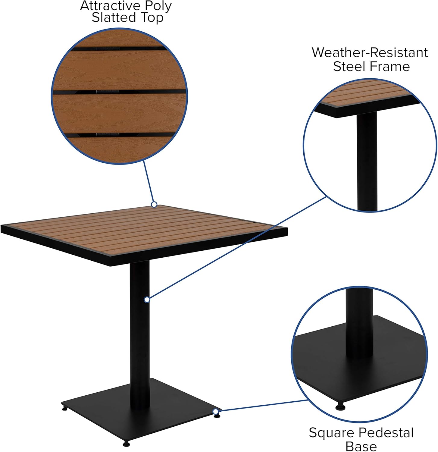 EMMA + OLIVER Outdoor Faux Teak Dining Table with Poly Slats - Square Patio Table