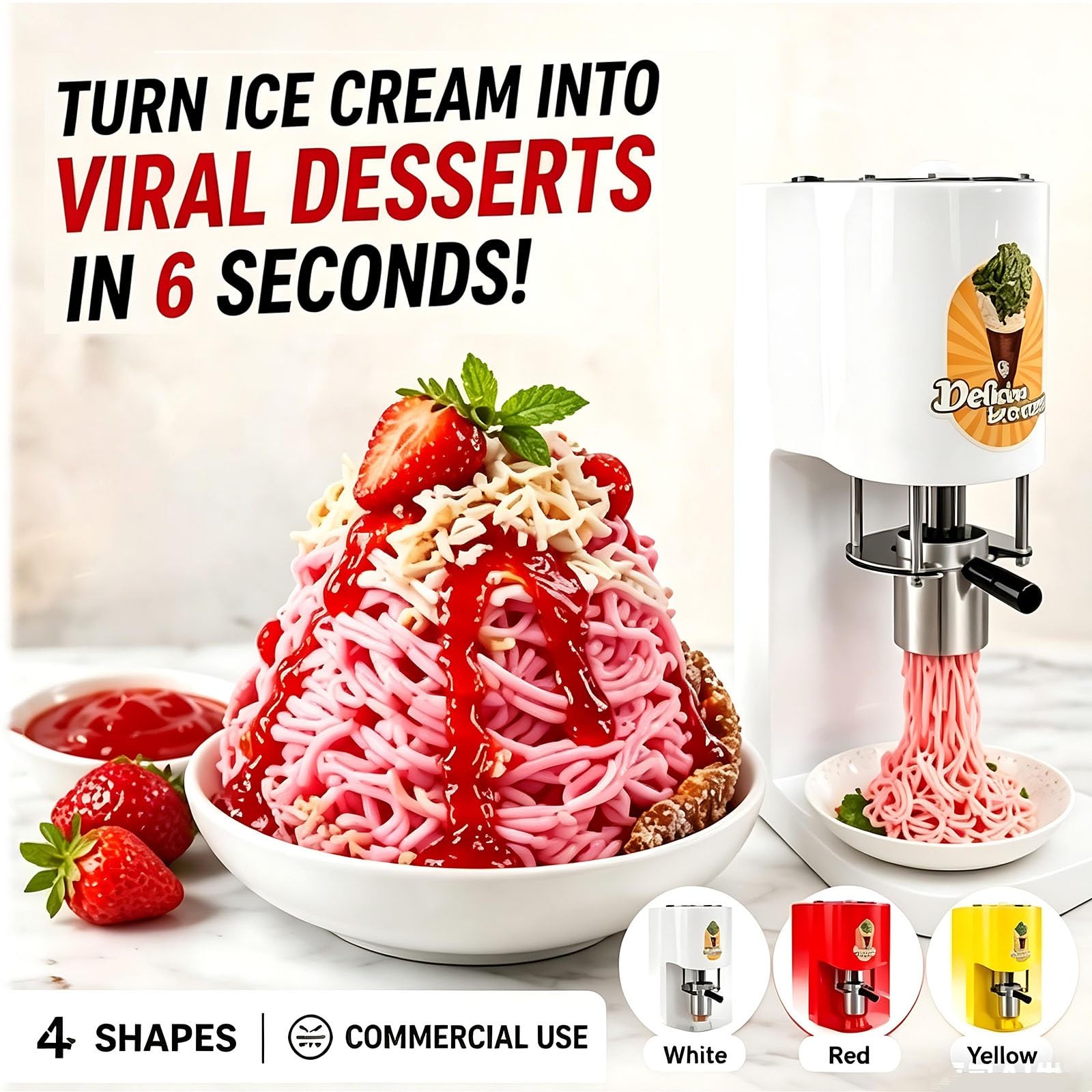 Machine à Glace Spaghetti Virale pour Desserts TikTok, Presse à Gelato Rapide en 6s, Équipement Professionnel pour Food Trucks et Création de Menus de Mariage(Red)