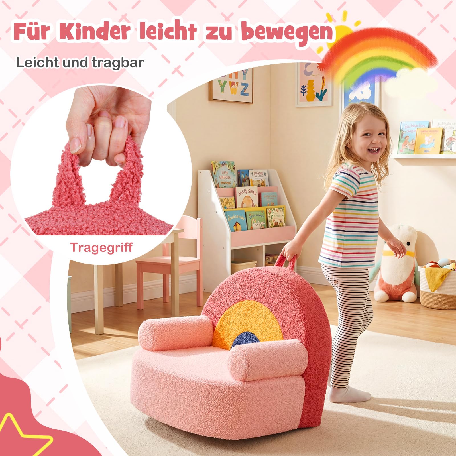 COSTWAY Kindersofa in Regenbogenform, Kindersessel gepolstert aus Schaumstoff & Teddystoff, Kindercouch mit waschbarer Bezug & rutschfeste Unterseite, Spielsofa für Kinder ab 3 Jahren, Rosa
