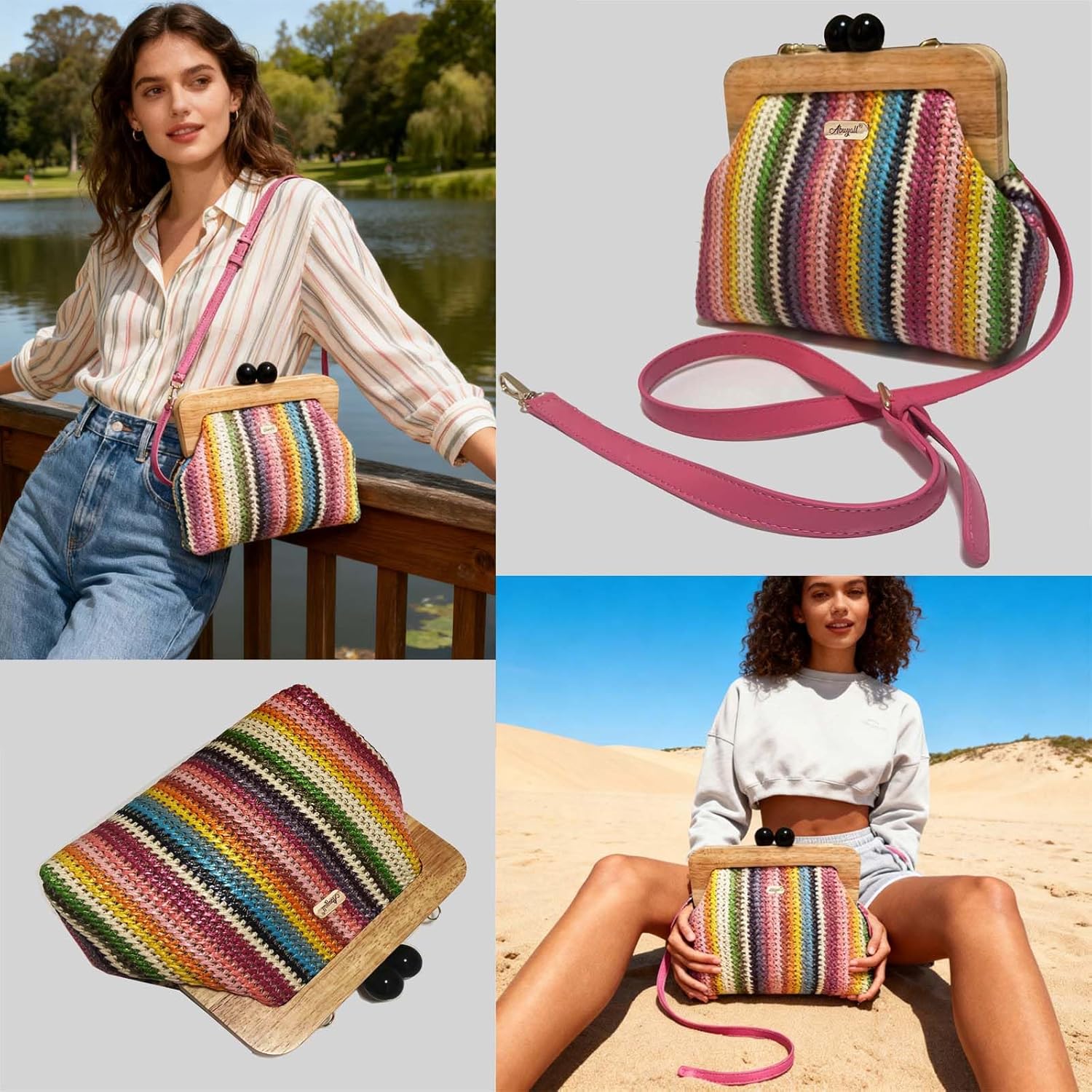 Straw Handbags for Women Vintage Purse Summer Beach Vacation Rattan Woven Travel Purse