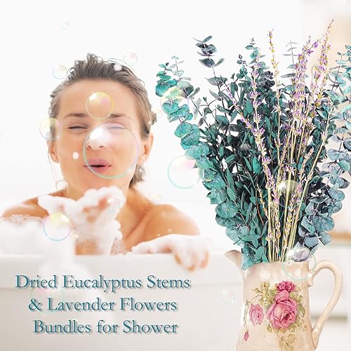 Miniatura 6 de Tallos de eucalipto secos y flores de lavanda para ducha, 100 % naturales de hojas de eucalipto secas reales de 17 pulgadas con flor de lavanda