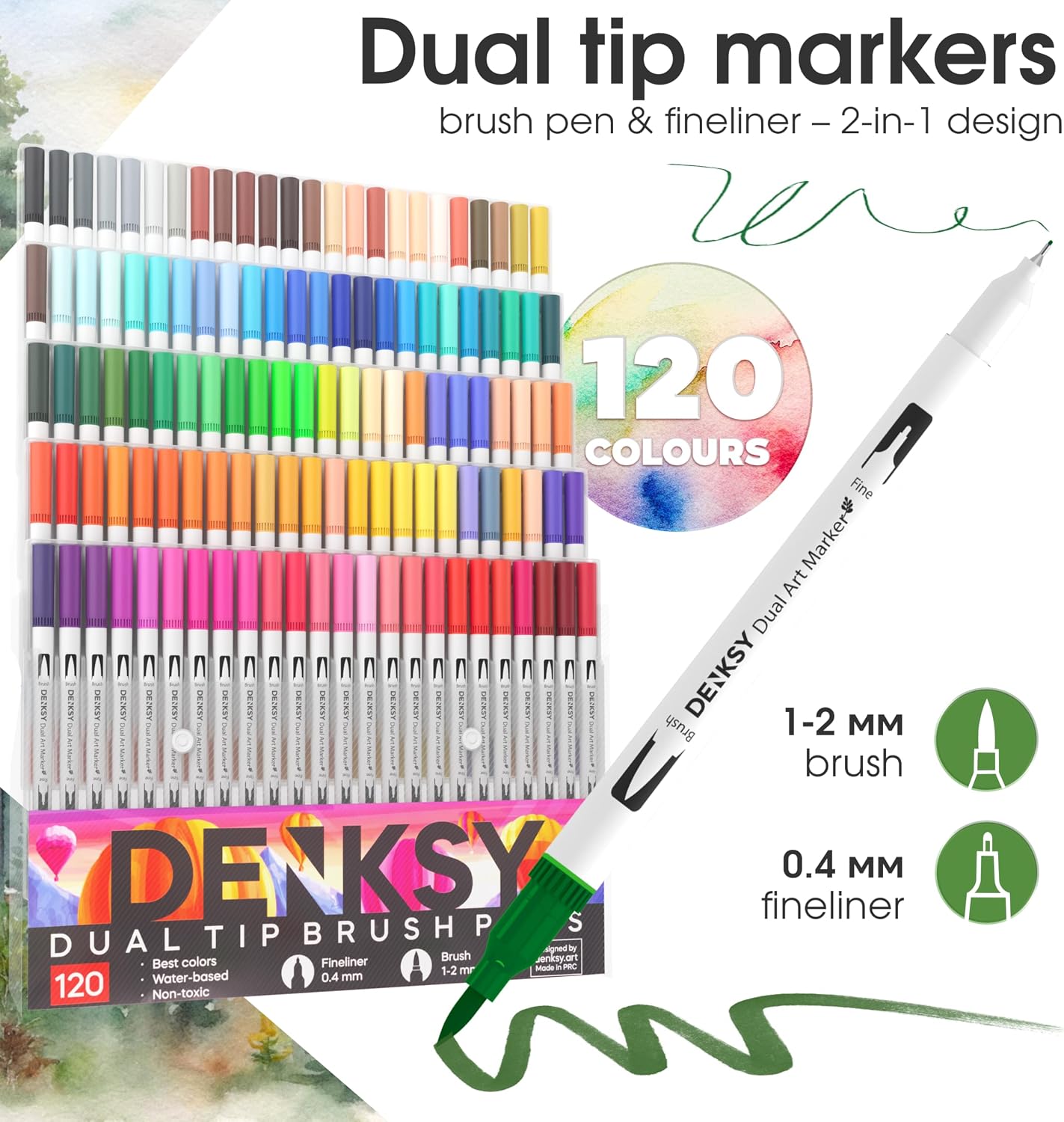 120 Watercolor Markers Set | Water Color Pens with Brush & Fineliner, Water-Based Art Markers | Dual Tip Markers for Adult Coloring, Lettering, Calligraphy, Sketching, Journaling & Illustration
