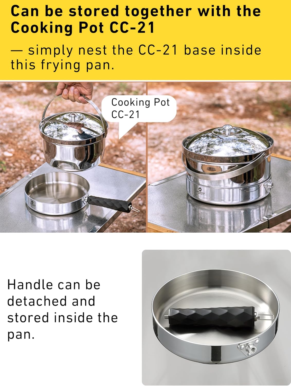 CAMPINGMOON 3-Layer Camping Frying Pan 7.7 Inch Stainless Steel Detachable Handle Induction Open Fire Compatible CC-19