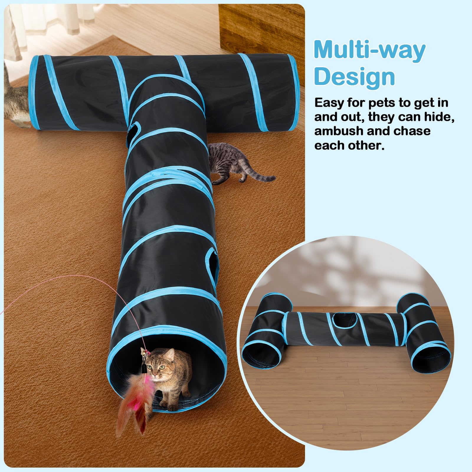 Tunnel pour chat - 3 tunnels droits pour animaux de compagnie - 6 formes à faire soi-même avec baguette - Résistant aux rayures - Tubes pliables pour chiots d'intérieur - Chaton - Lapin - Noir - 208,3