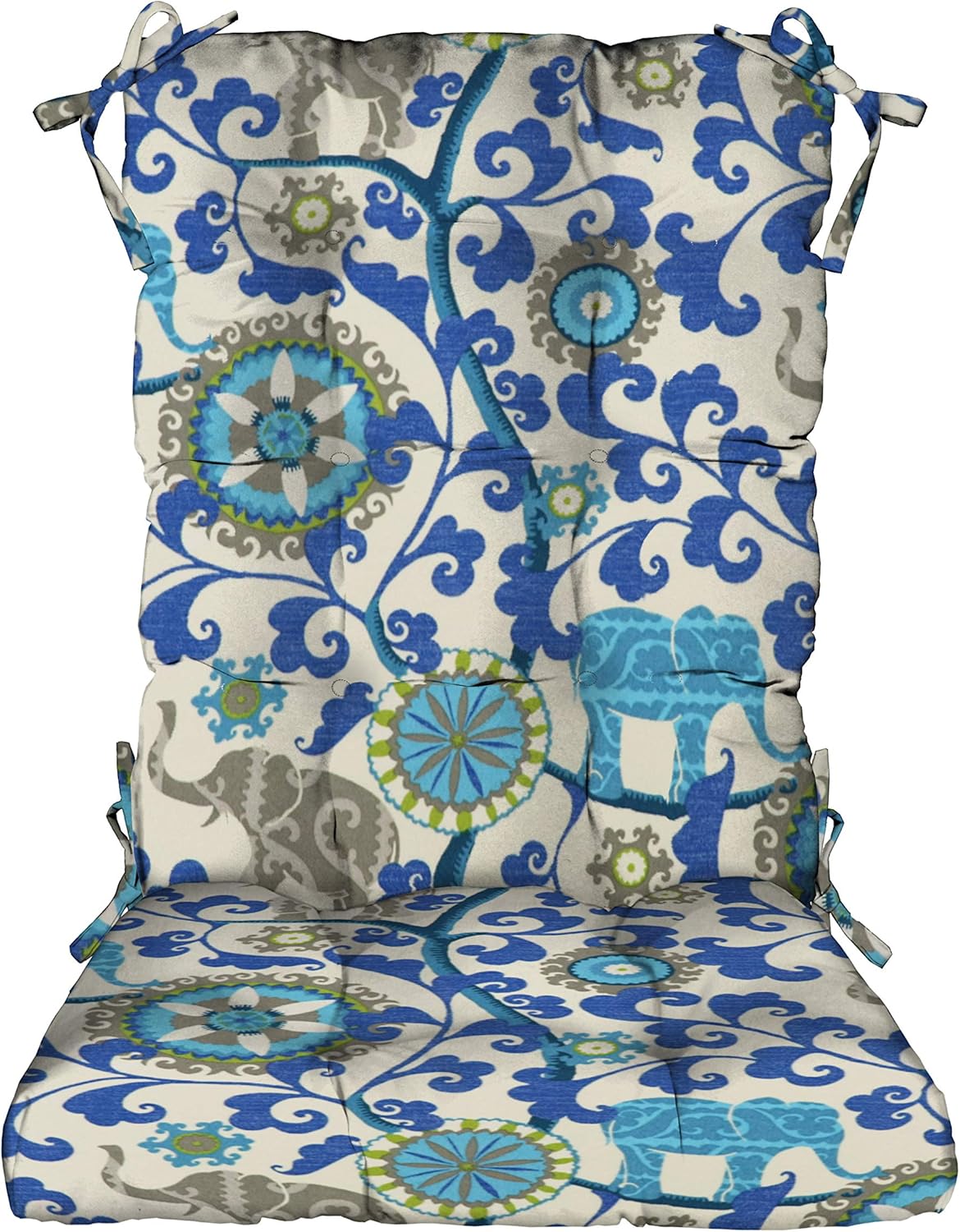 RSH DECOR: Tufted Rocker Cushion Set | 18" x 24" Back x 18" x 20" Seat | Water-Resistant Spun Fabric | Outdoor Cushions for Rocking Chair | Blue Elephant Bohemian
