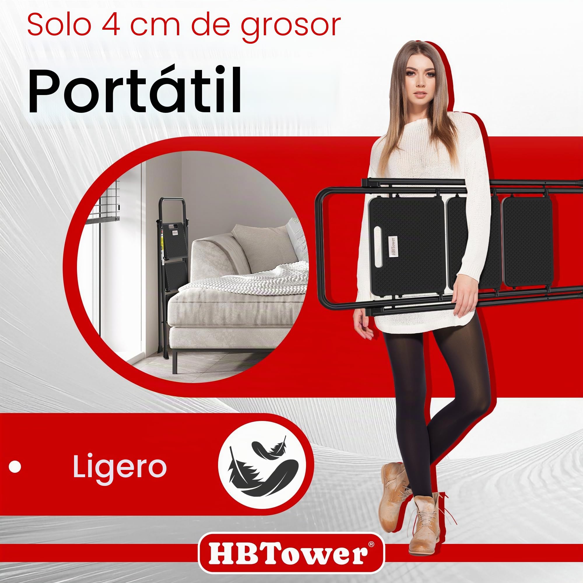 HBTower Escalera 3 Peldaños Plegable, Peldaños Antideslizantes con Asas Cómodas, Escalera Portátil de Acero, Negra
