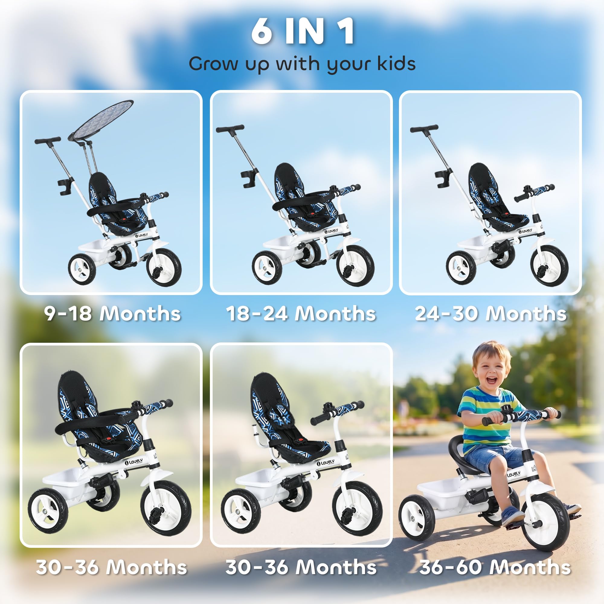 HOMCOM Trike 6-w-1 dzieci z rączką pchania 18 mies-5 lat Niebieski