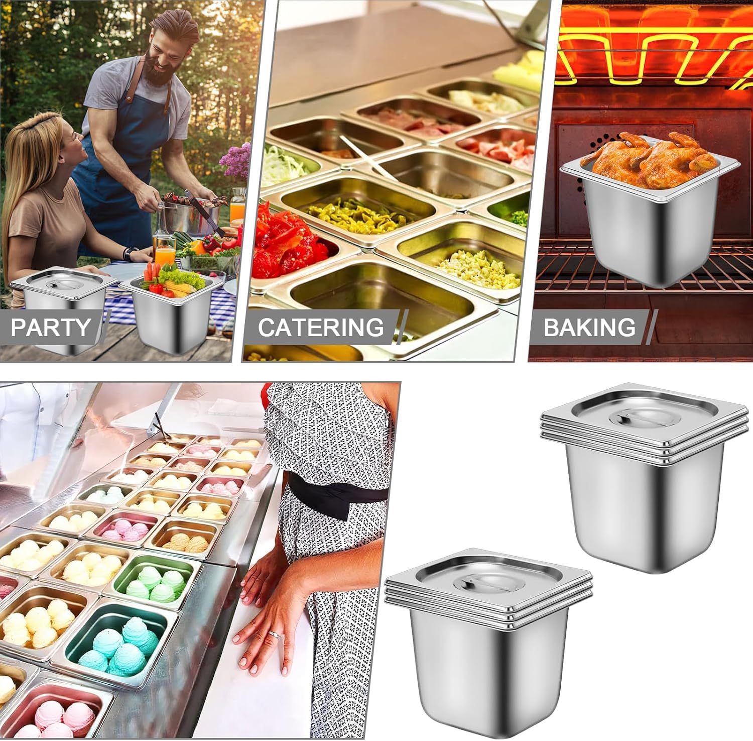 Lot de 6 Pans Gastro en Acier Inoxydable avec Couvercles, Pans de Table à Vapeur 15cm de Profondeur, Contenants Alimentaires Anti-Jam pour Service de Restauration, Buffet, Restaurant, Hôtel Taille 1/6