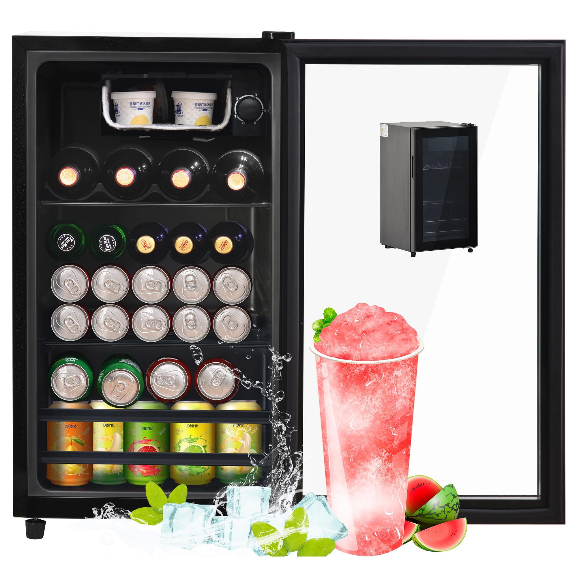 Mini nevera, Frigorífico congelador, mini enfriador de bebidas de 15" para habitación y oficina, frigorífico de bebidas silencioso de 6 l + 70 l, eficiencia energética, negro, clase energética F