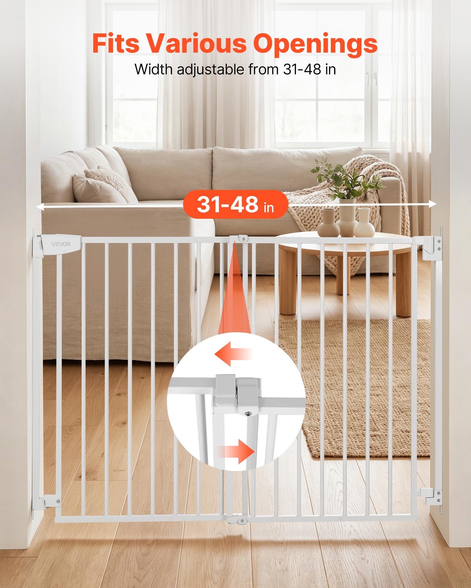 VEVOR Barrera de Seguridad para Niños, Alto de 760 mm, Ajustable de 778-1210 mm, Valla de Seguridad para Mascotas, Cierre Automático Apertura 180° Bloqueo Doble, Kit de Instalación, para Escaleras