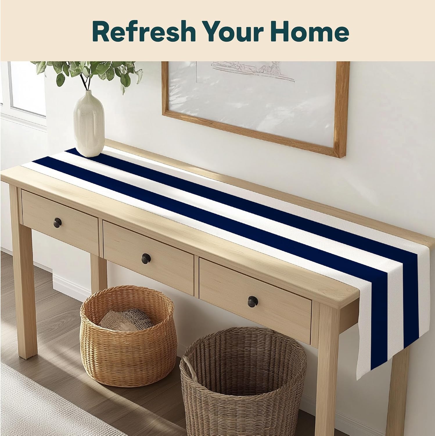 Fabric Textile Products | Navy and White Striped Tablerunner | Cabana Table Decor | 12" x 72" | Machine Washable and Stain-Resistant for Easy Care | Made in The USA